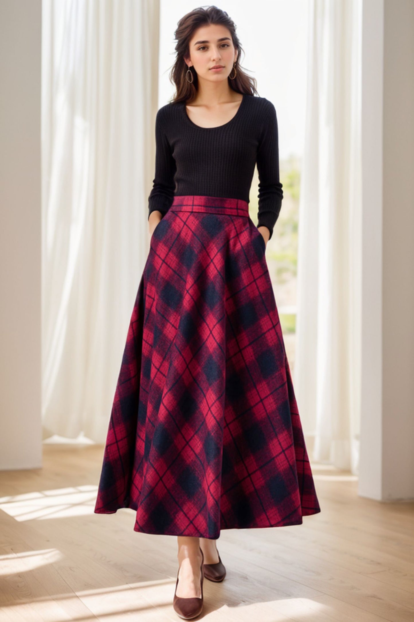 Plaid Wool Maxi High Waisted Skirt with Pockets C4267