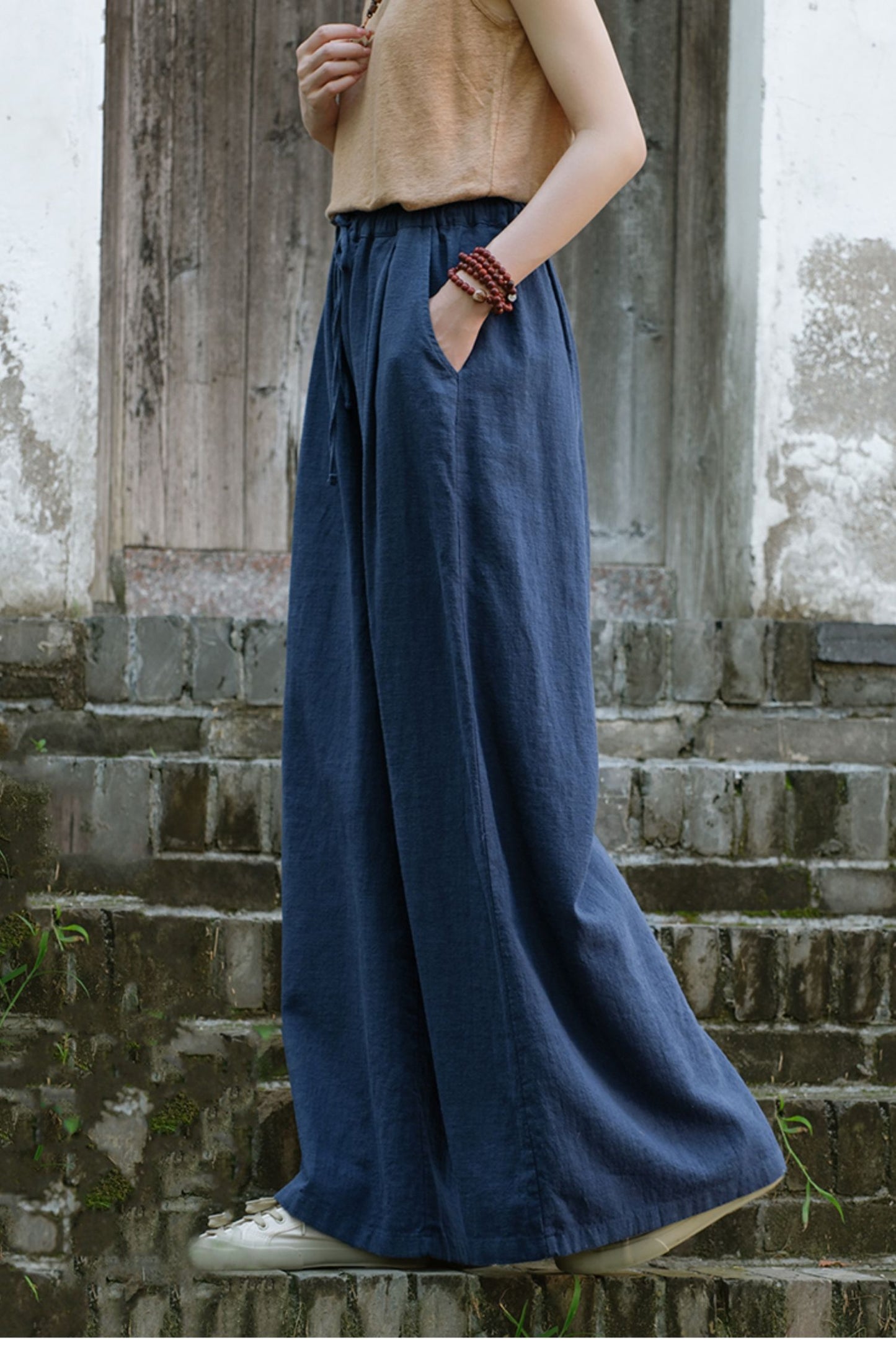 Elastic waist wide leg linen pants L0615