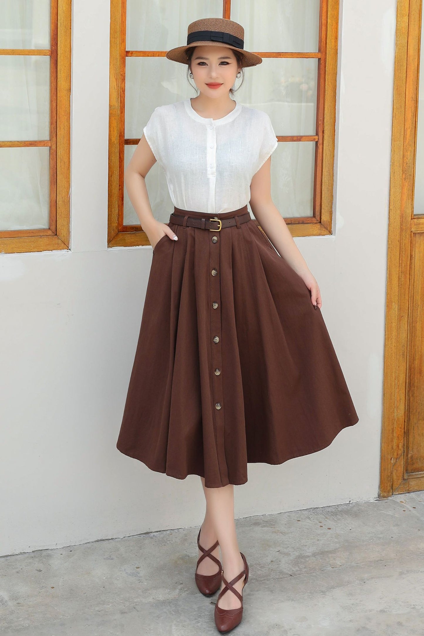 Button down midi Linen skirt c4834