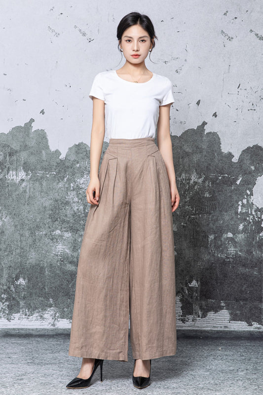 Brown Linen Wide Leg Pants: Long High Waisted Linen Palazzo Trousers, Ylistyle C5465