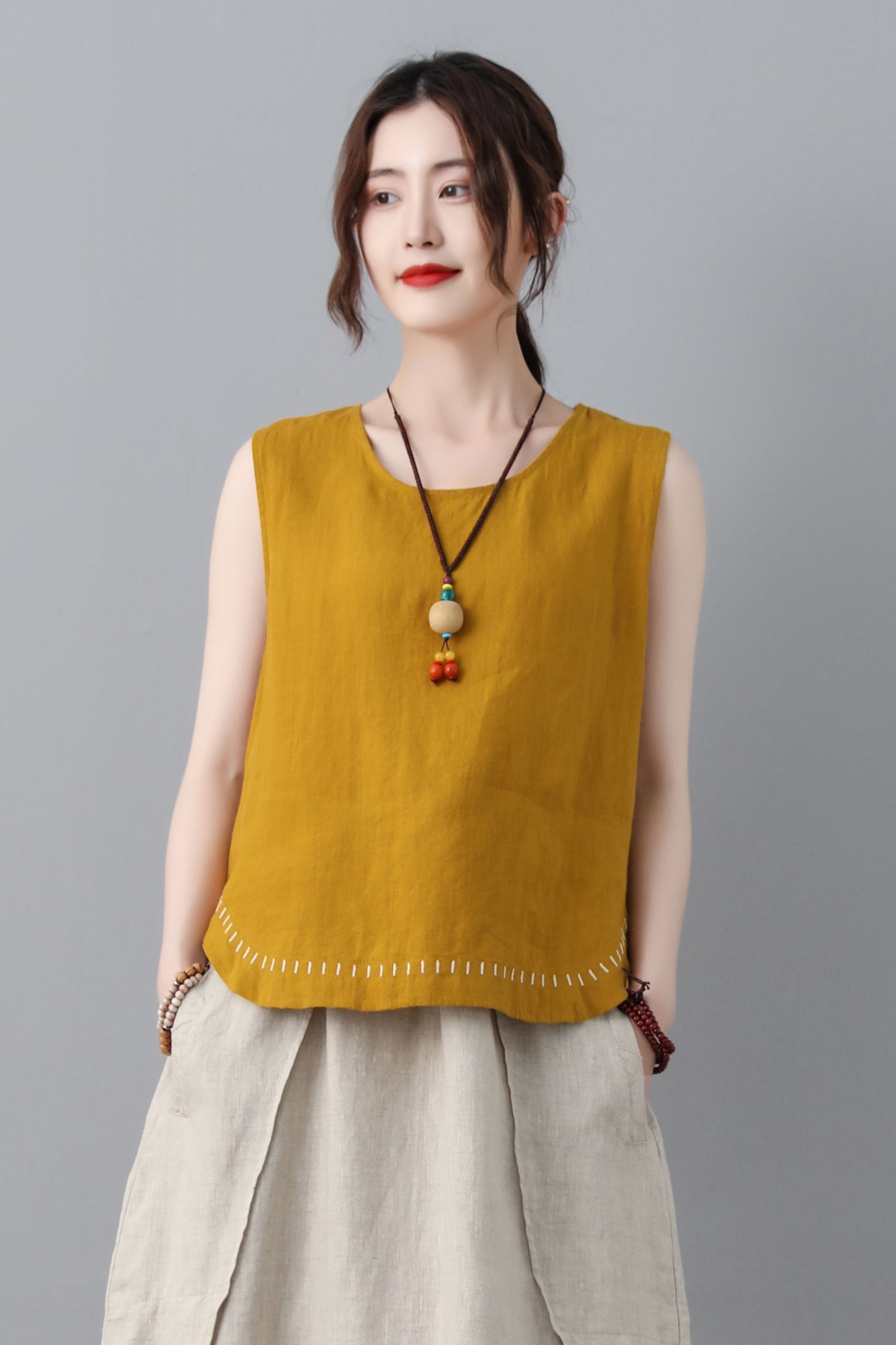 Yellow summer linen tank top women C2349