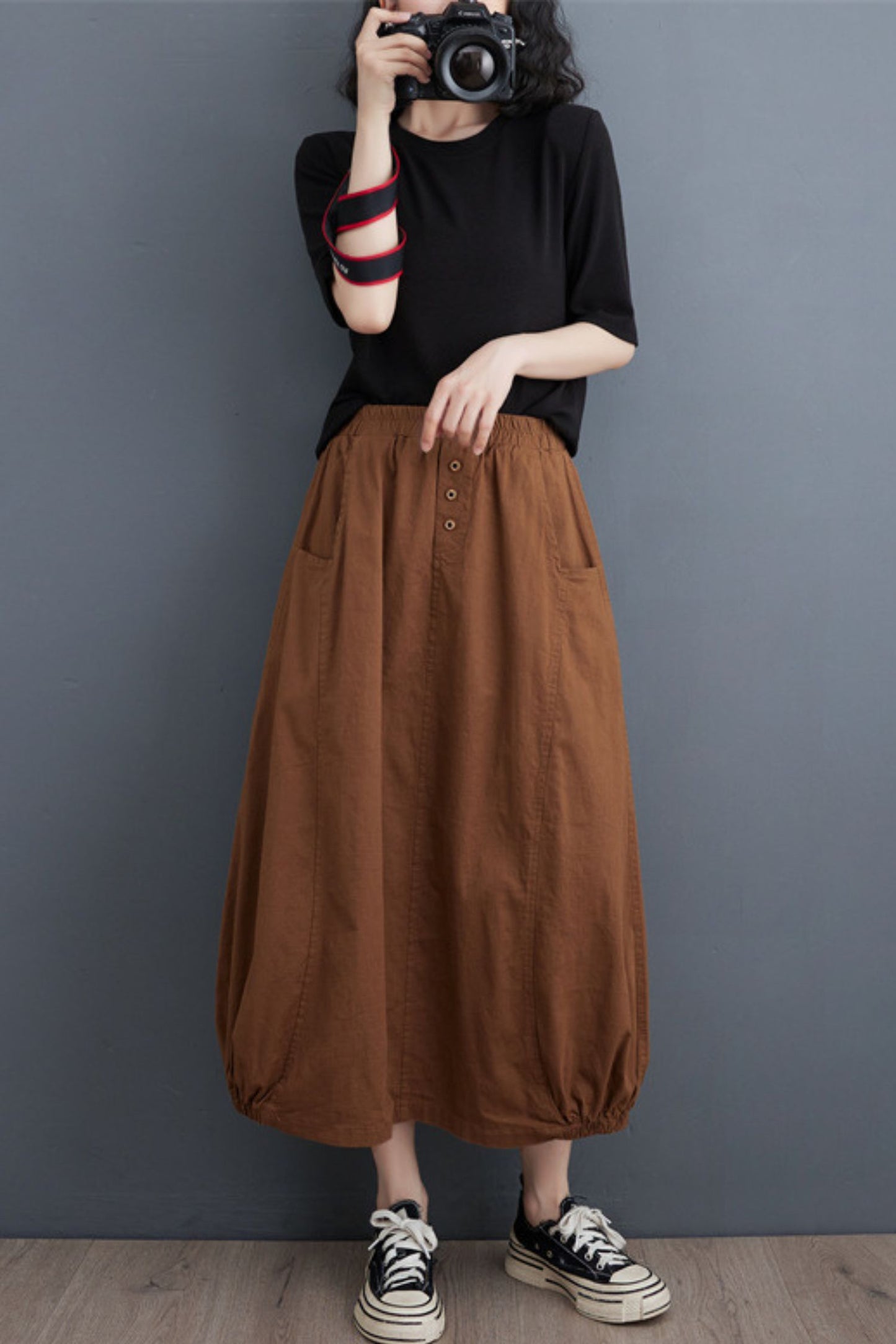 Cotton Linen Women Casual Elastic Waist A-line Skirt TT0020