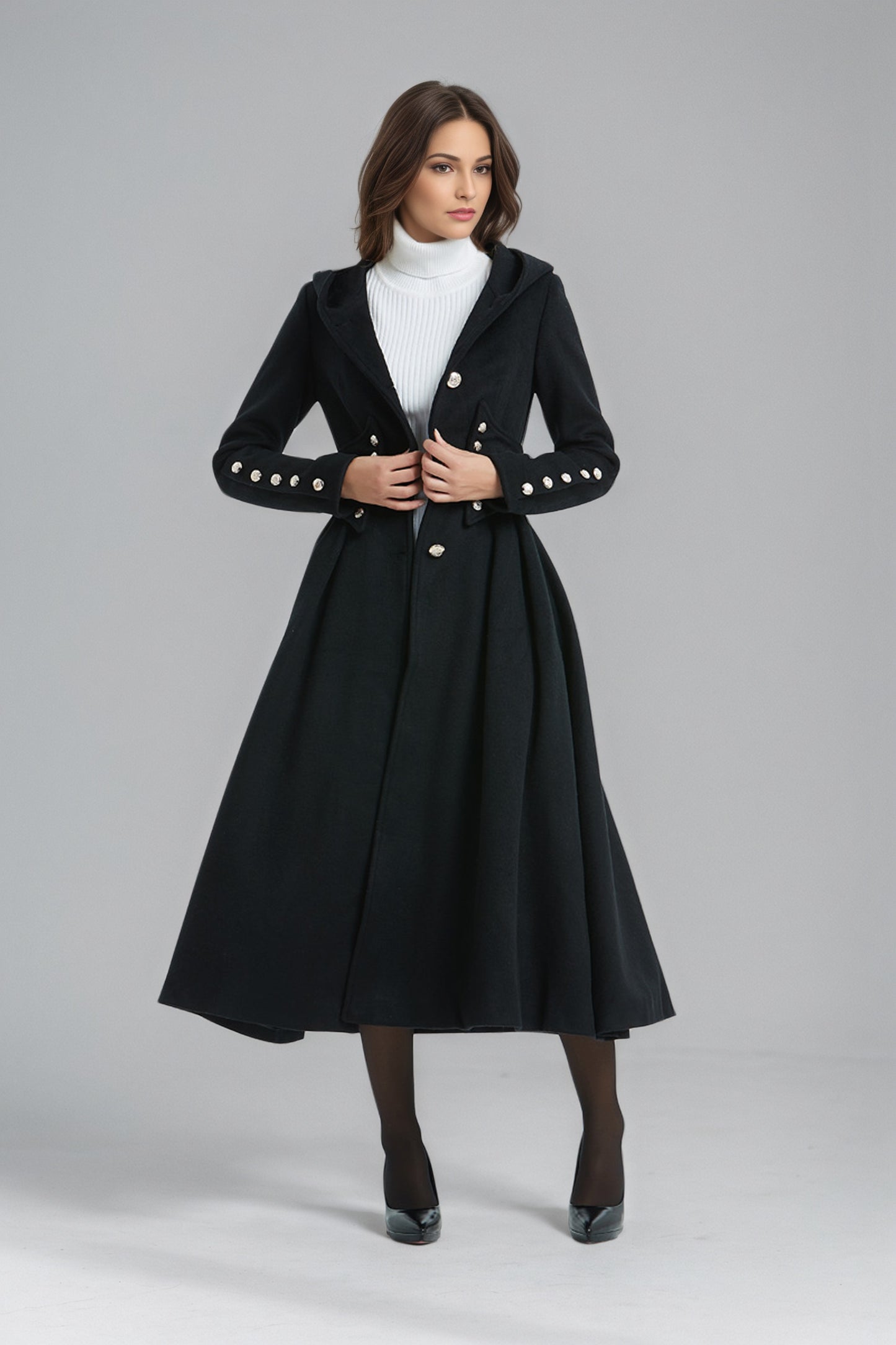 Military Hooded Winter Black Wool Coat C5135