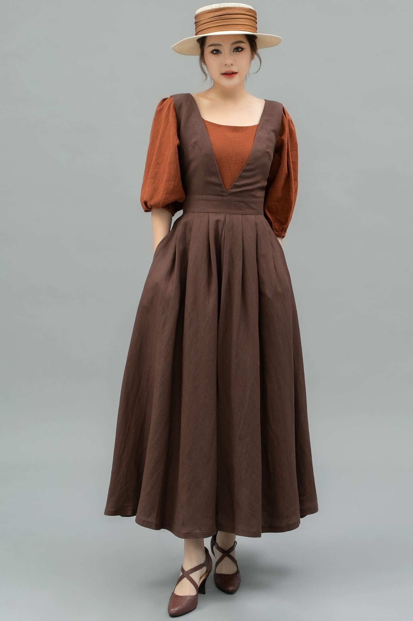 Long Linen pinafore dress C4749
