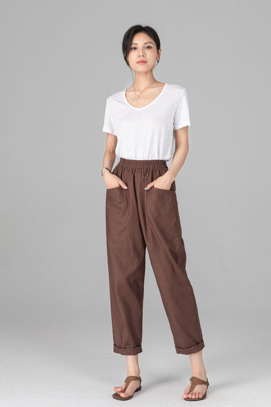 Brown Linen Cotton Harem Pants: Elastic Waist Casual Loose Trousers, Ylistye C5523