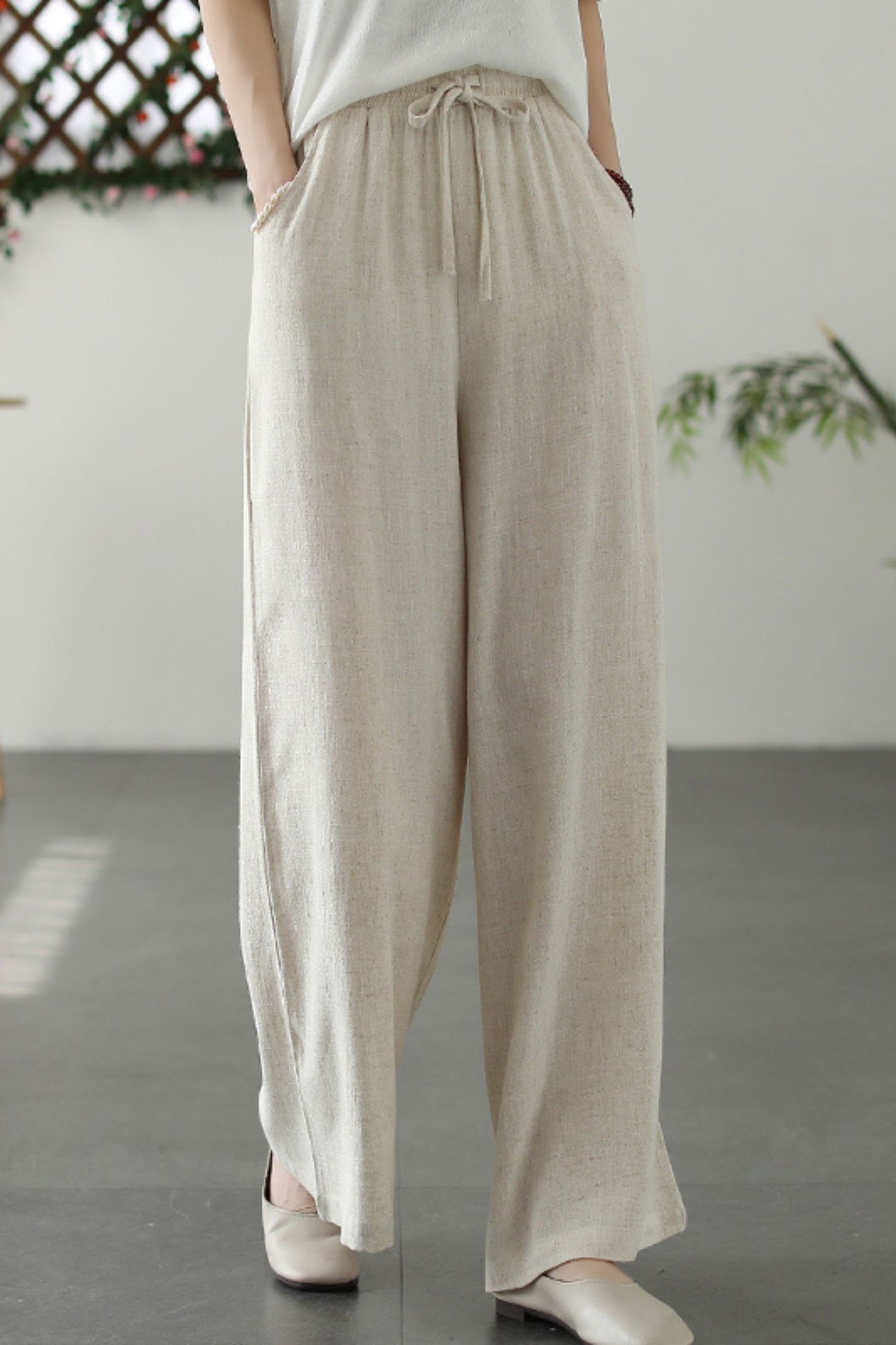 loose cotton linen solid wide leg pants L0619