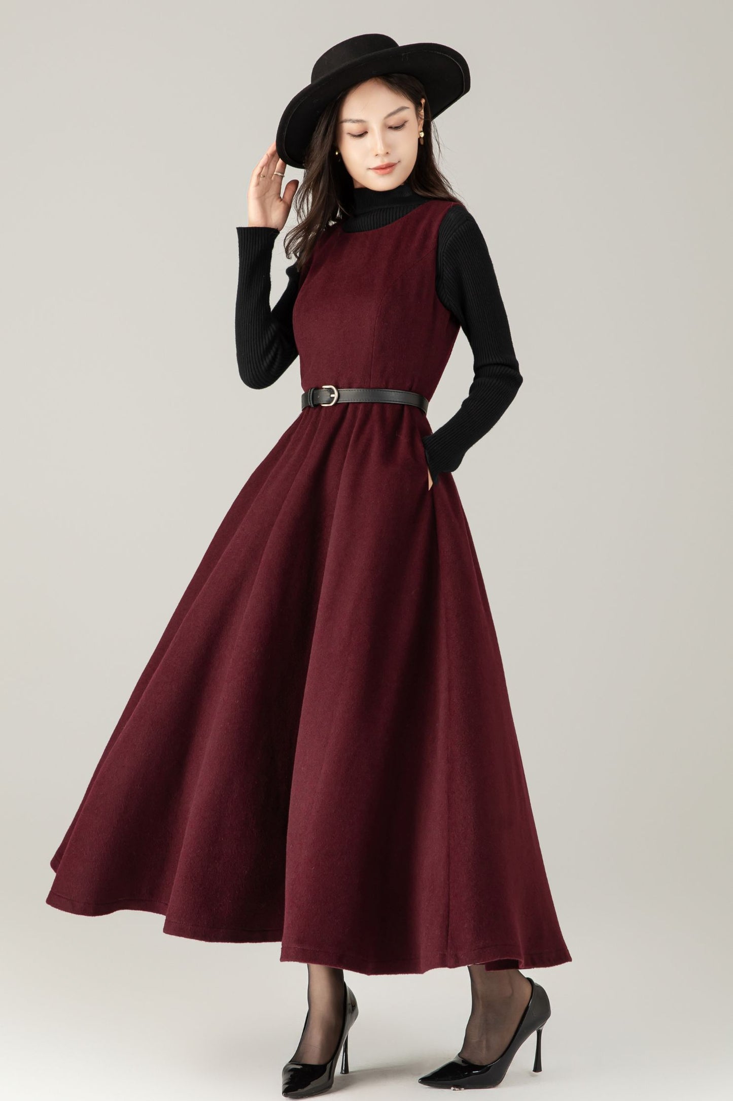 Burgundy Wool maxi Dress: Sleeveless A-Line Swing Jumper, Ylistyle C5239
