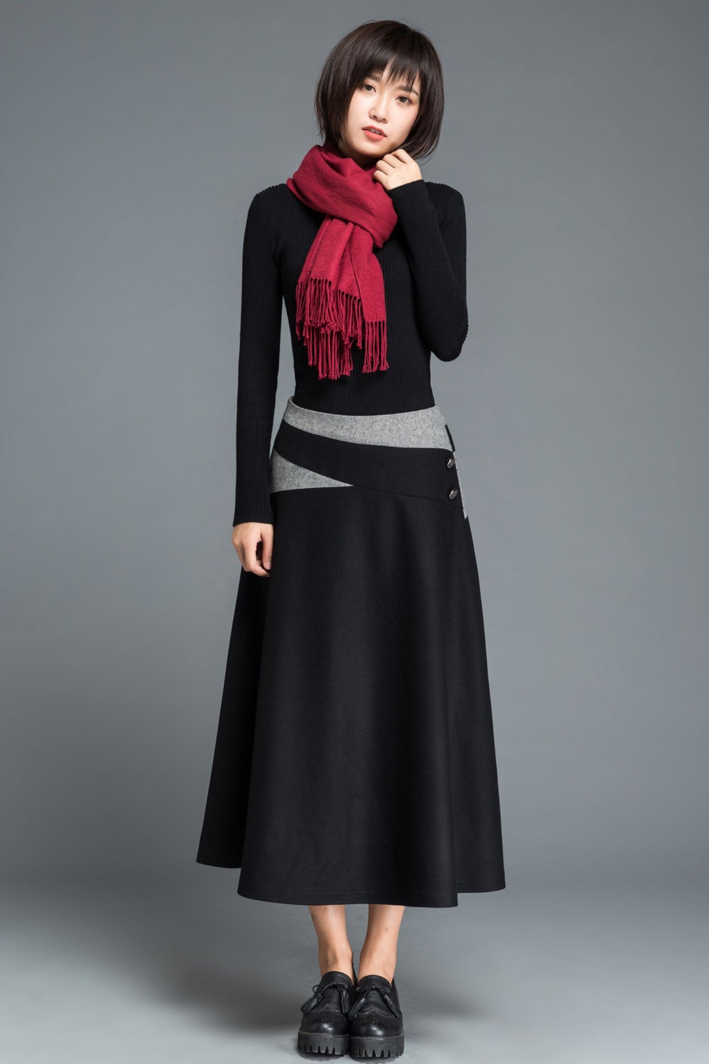 A line black midi wool skirt C1215