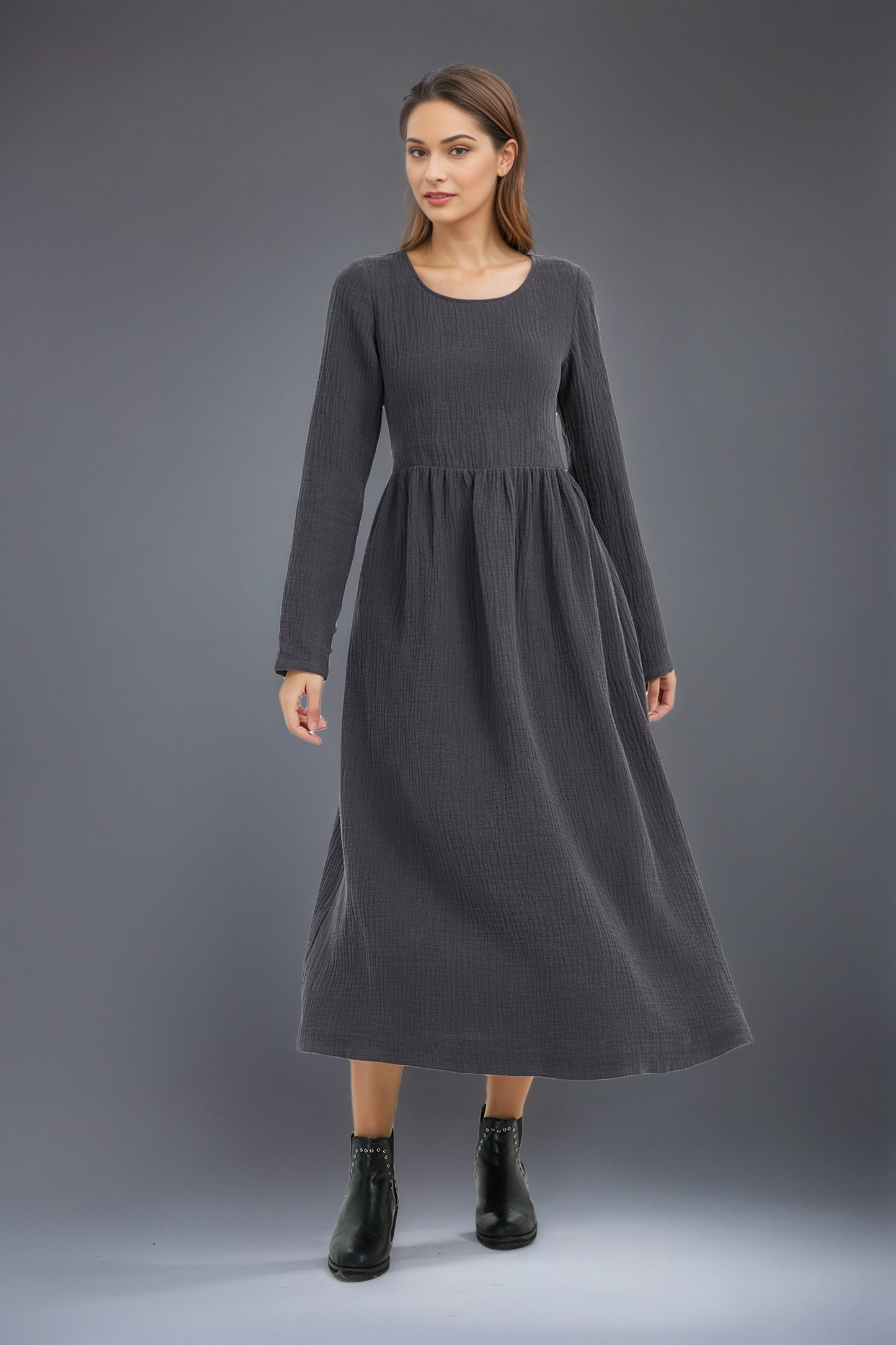 long women winter linen pockets dress C5133