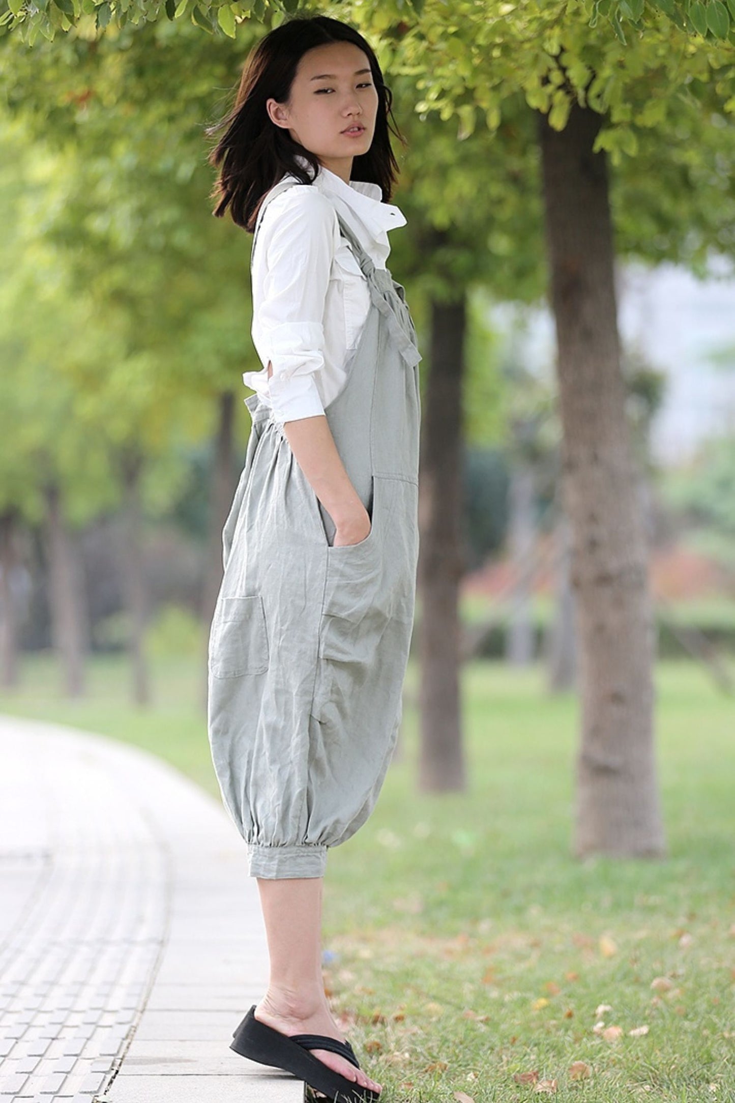womens linen gray loose casual Wide leg jumpsuit C285