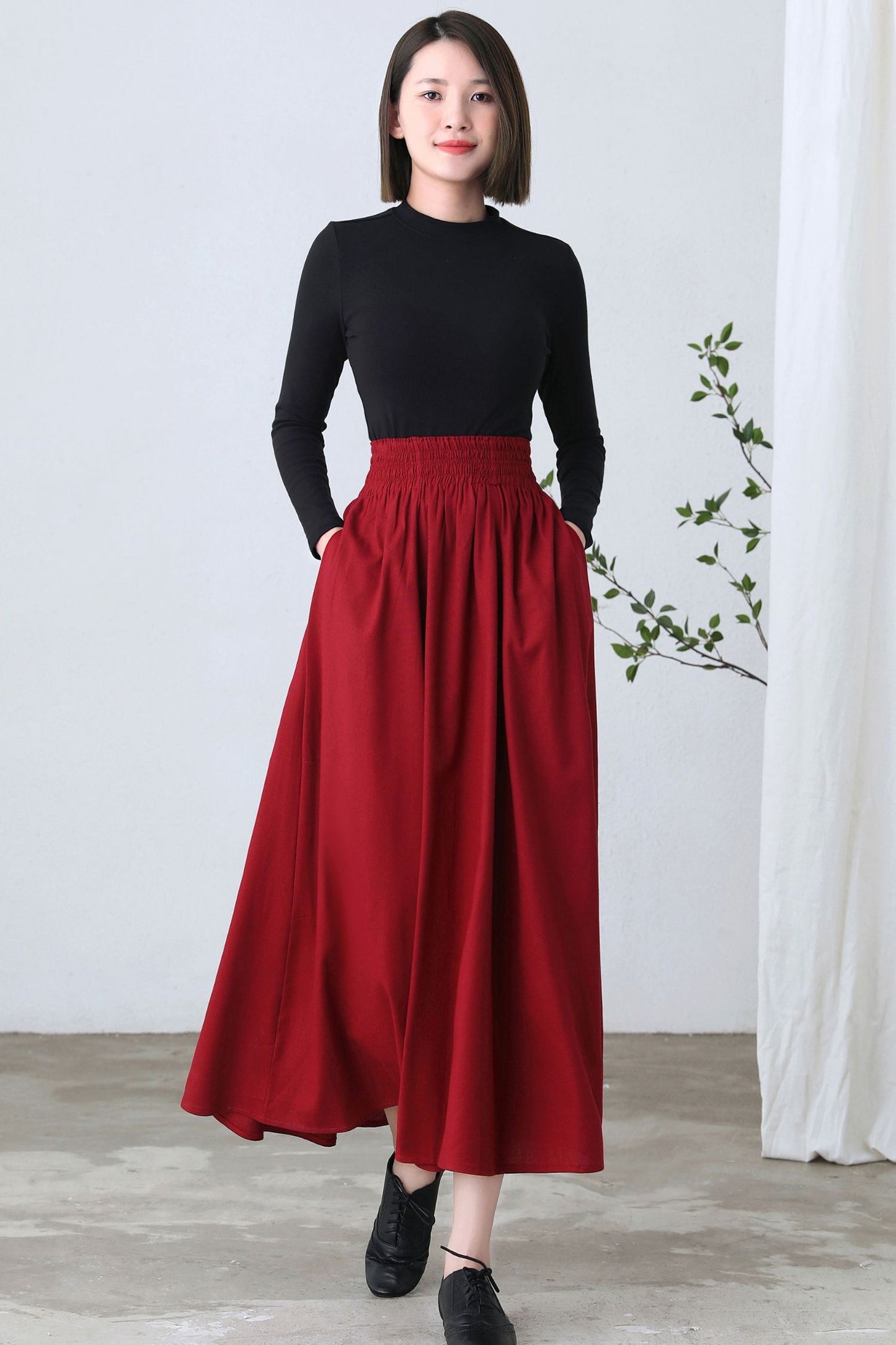 Red Maxi Linen Skirt, Full Swing Skirt C2610