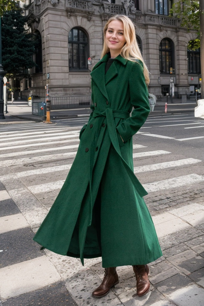 Maxi green long trench wool coat C4505
