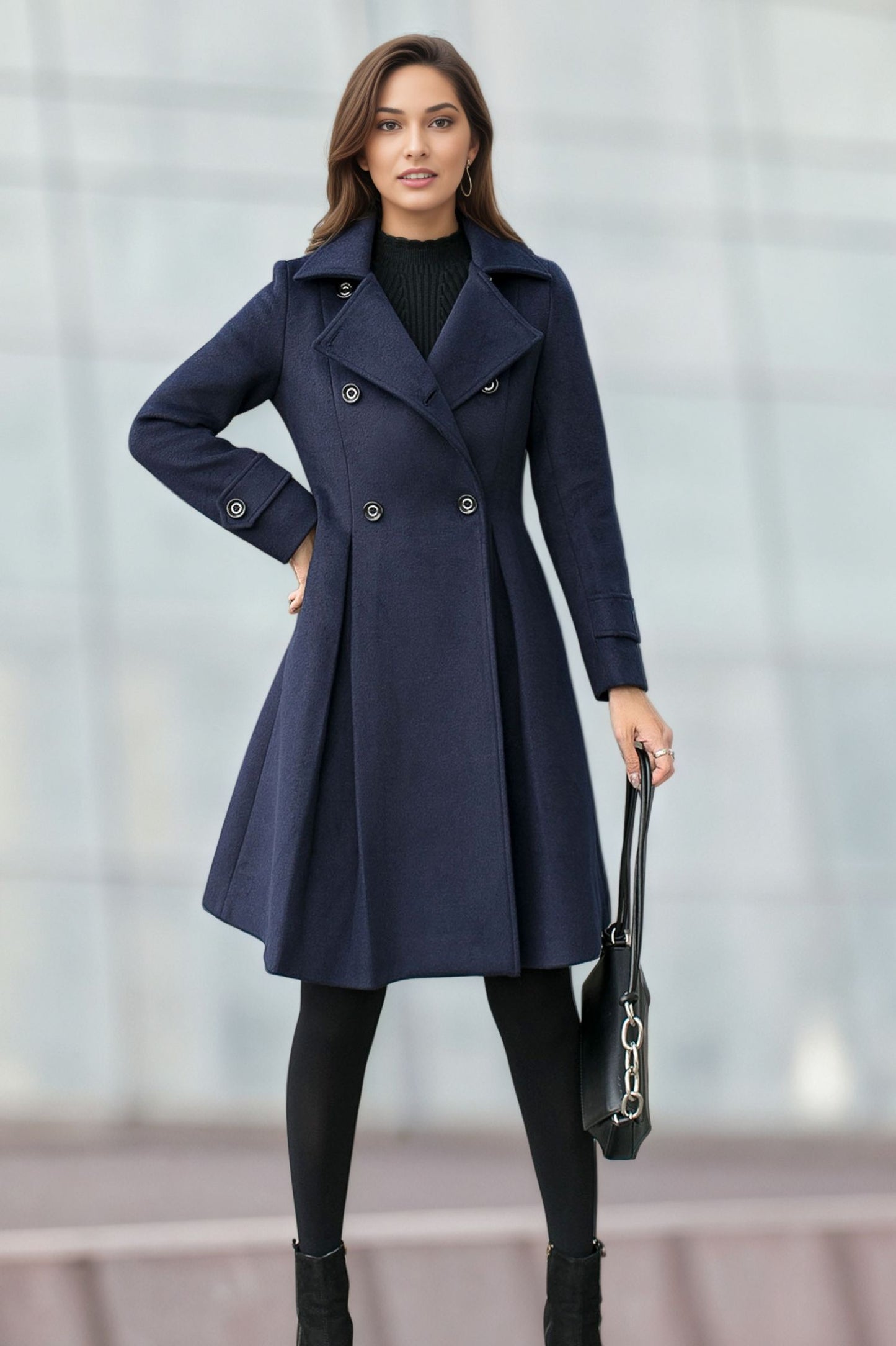 Navy blue Double Breasted Wool Coat C4956
