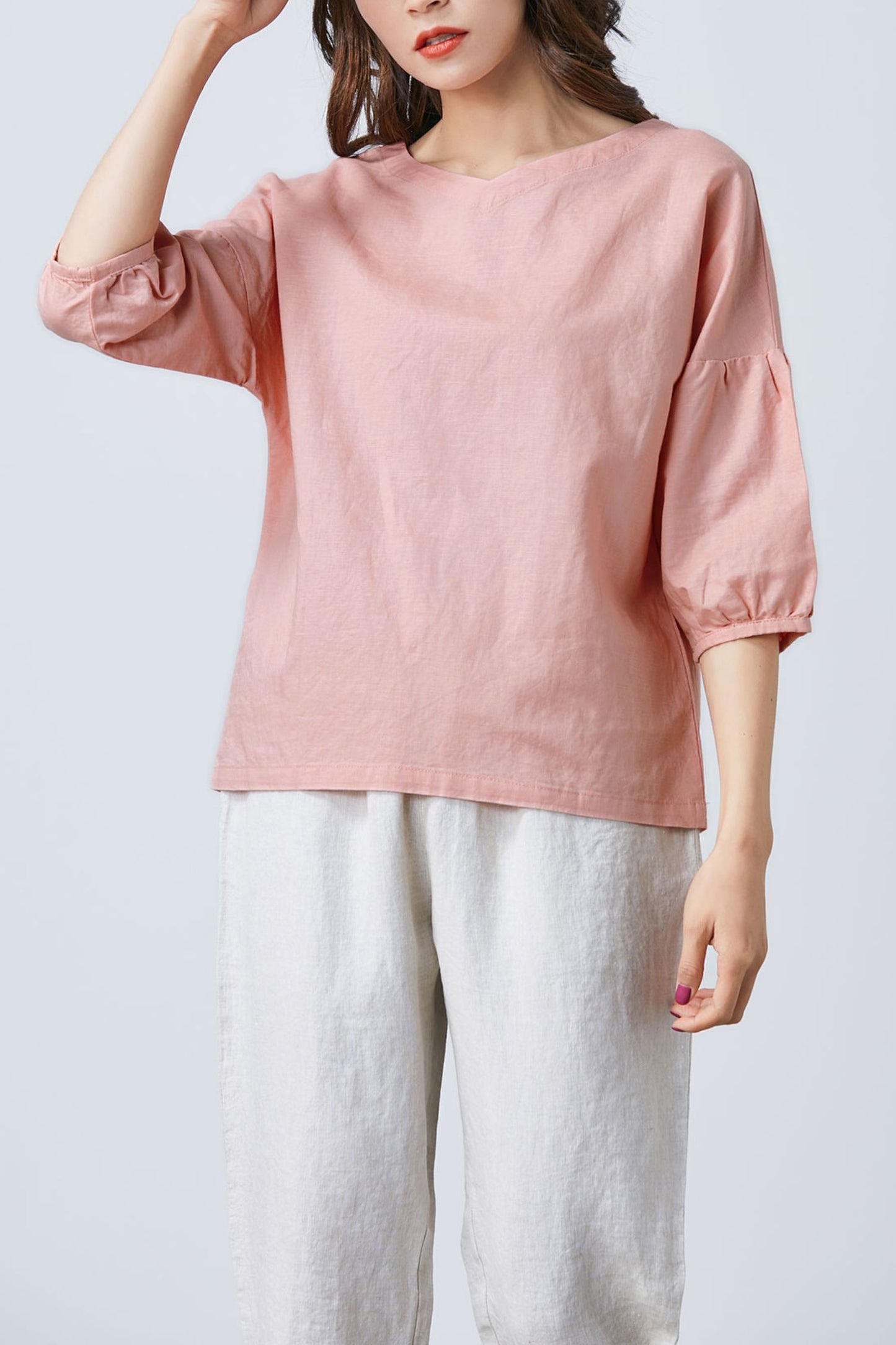 Women Leisure Linen Tops Summer V Neck Blouse C1682