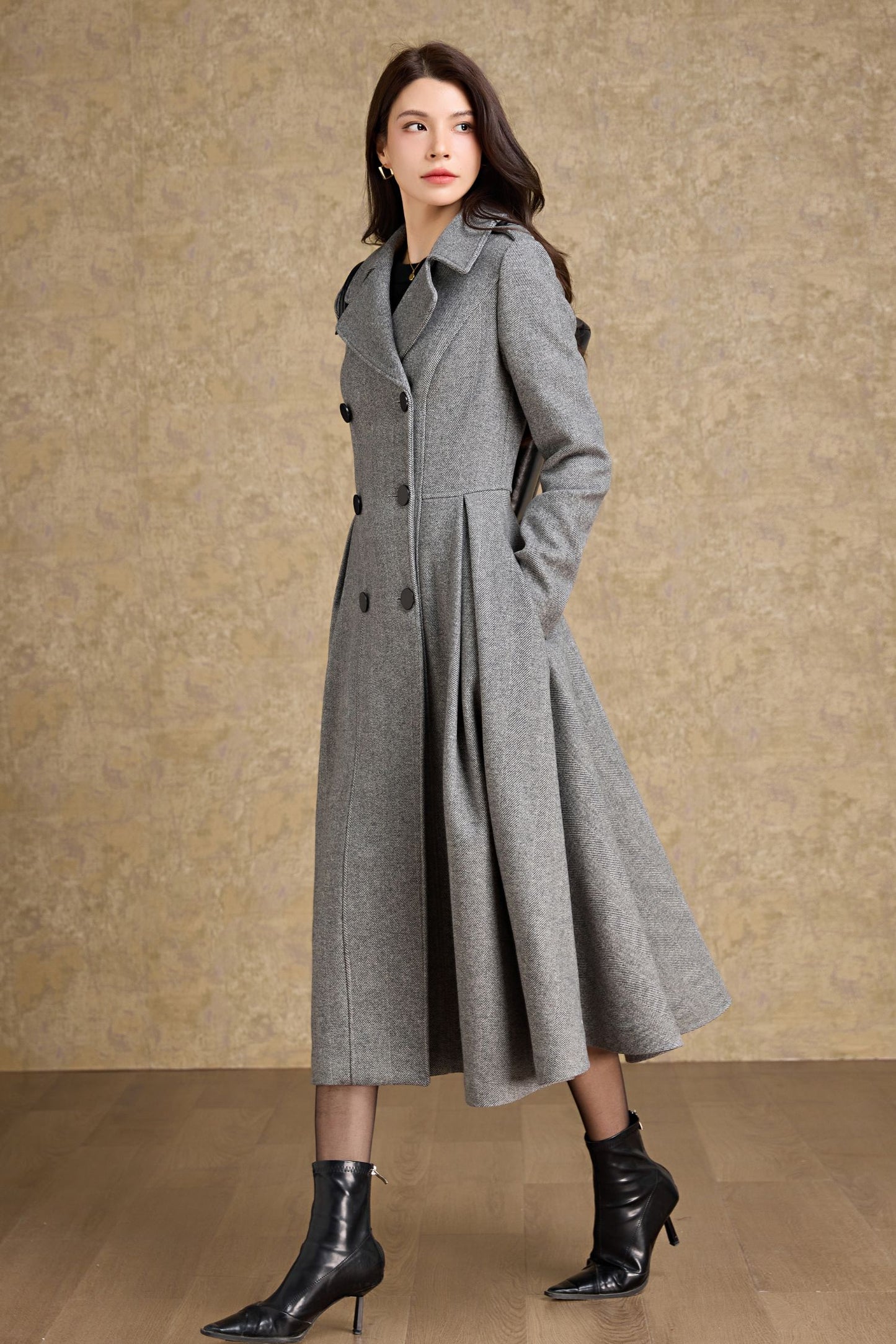 Fit and flare long wool coat women C4477