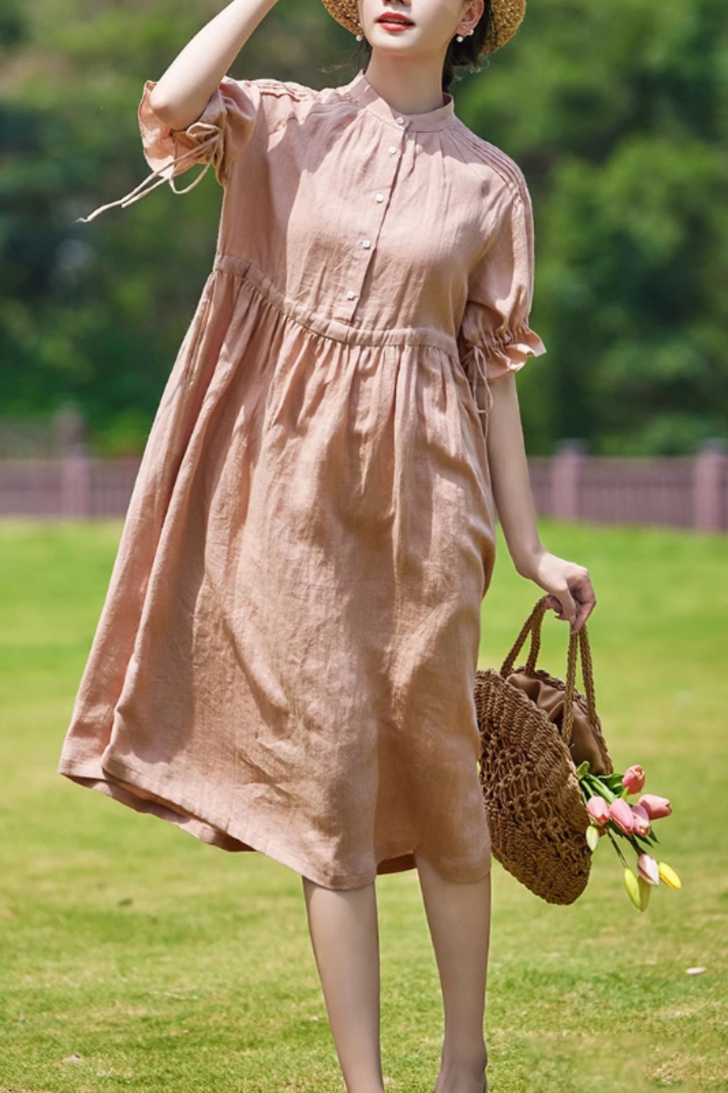 Pink drawstring waist summer linen dress C5059