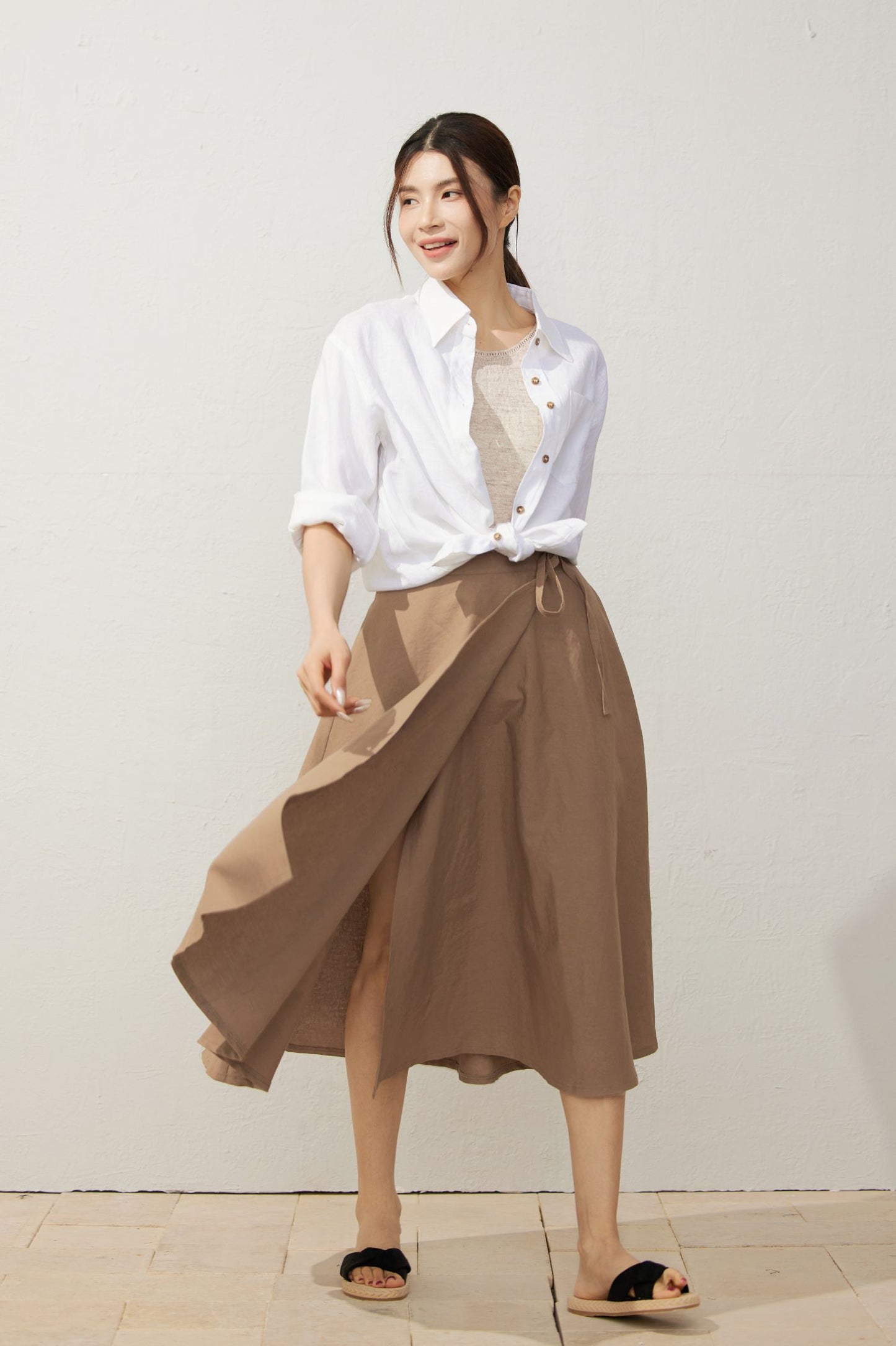 A-Line Light Brown Wrap Linen Skirt  C3929