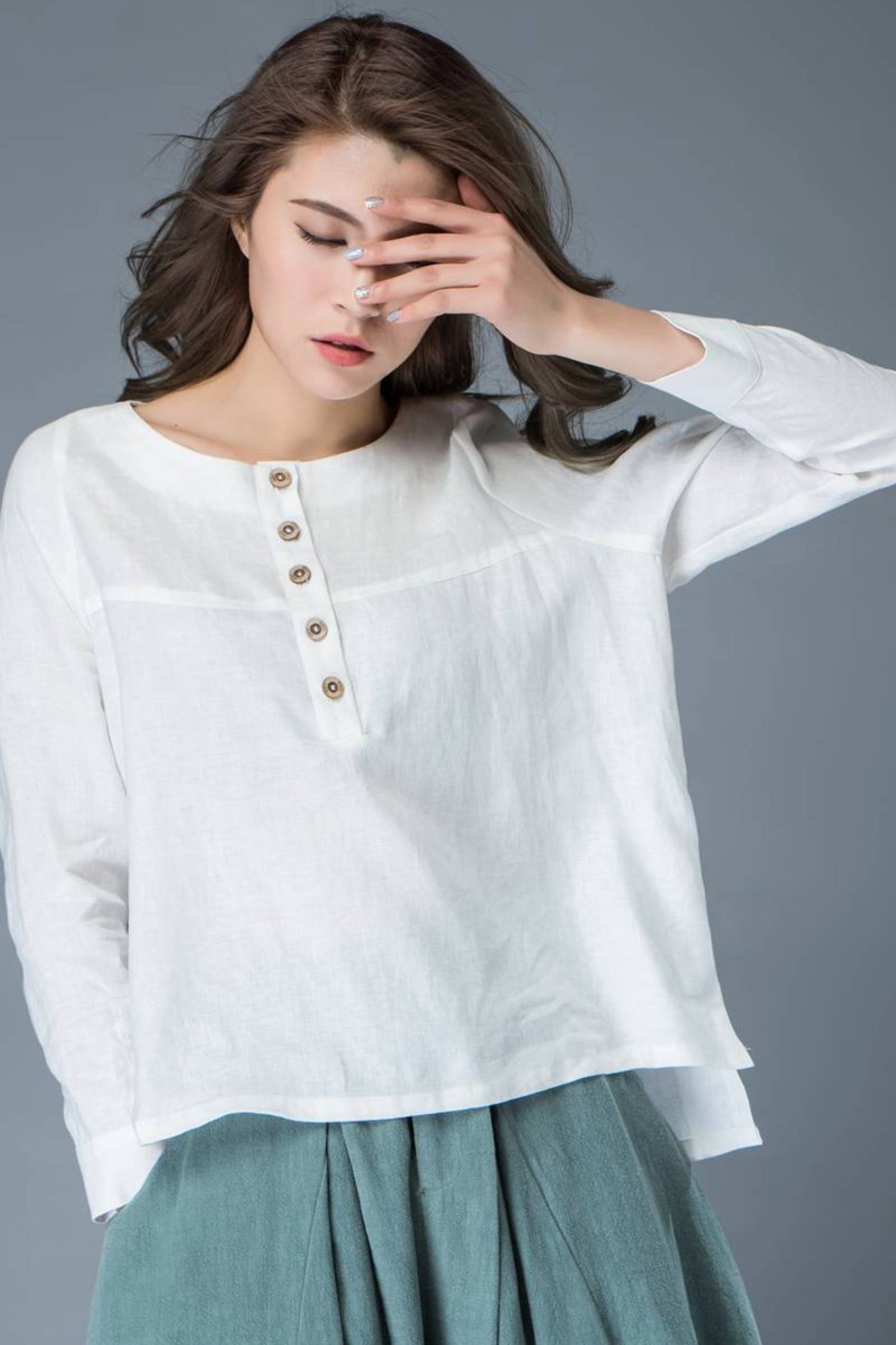 White linen causal womens long sleeves blouse C834