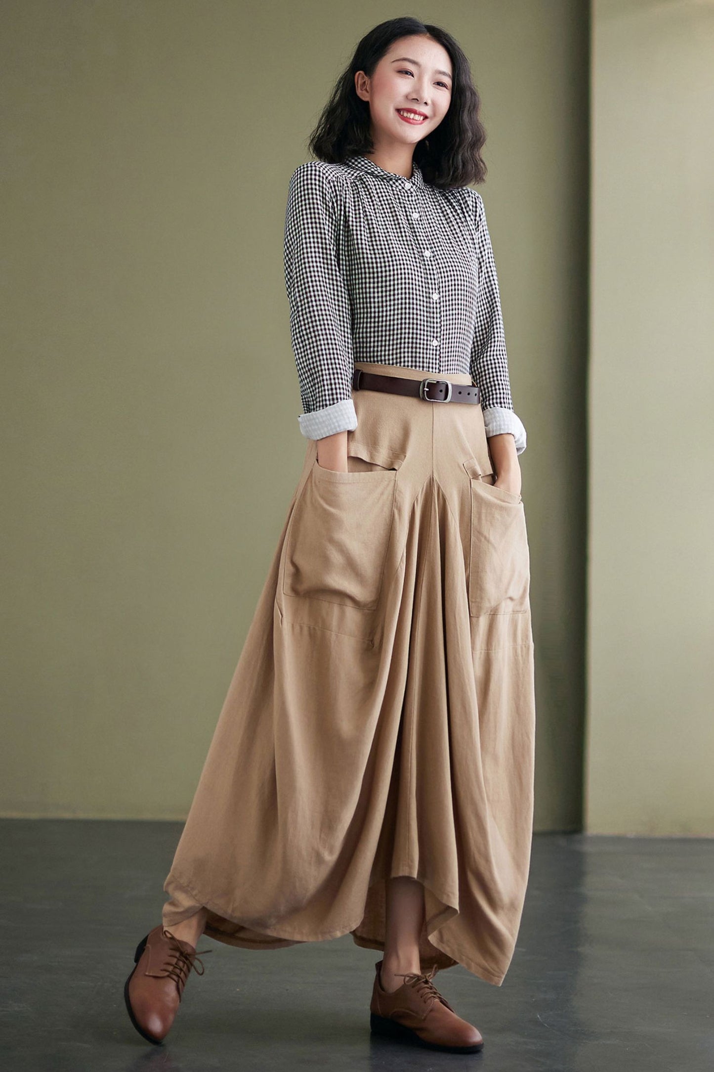 Khaki Asymmetric Linen skirt C2423