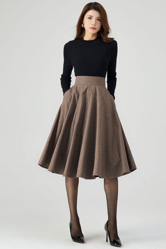 Brown Wool Knee Length Skirt - Pleated High Waist Skater c4333