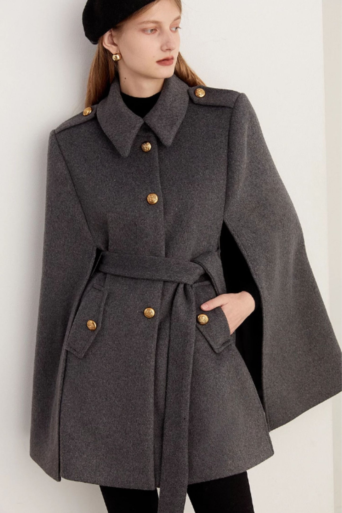 Grey winter wool cape with tie belt C4471