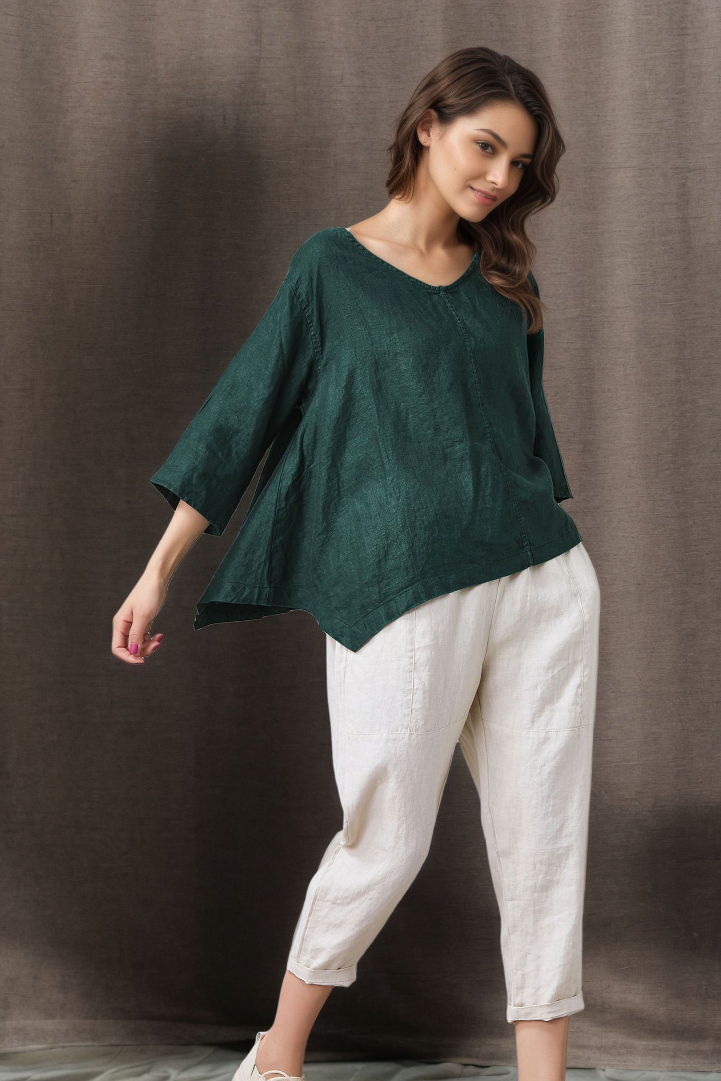 Women's Casual Green Linen Tops C4858