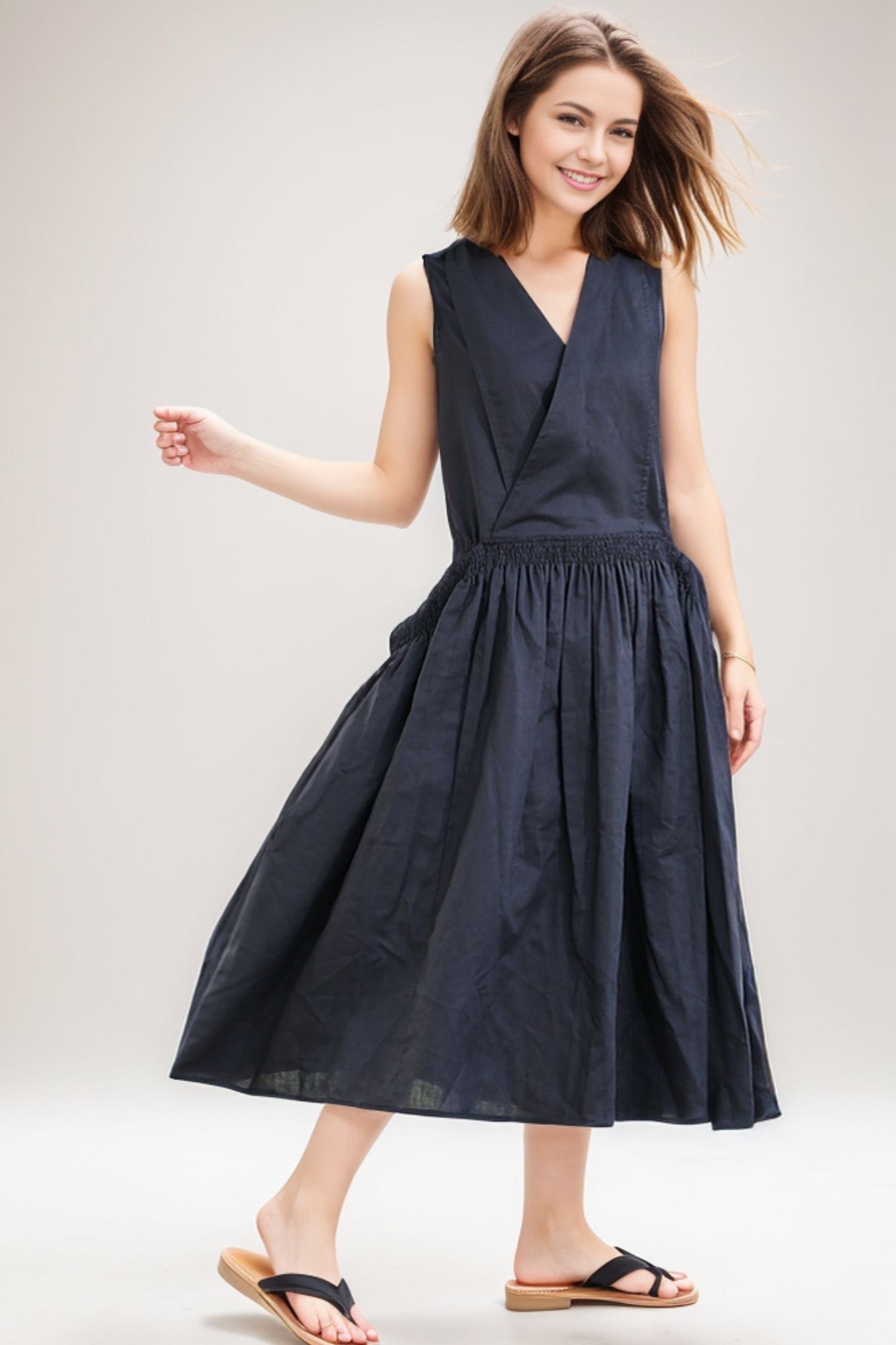 Midi linen black womens summer dress C277