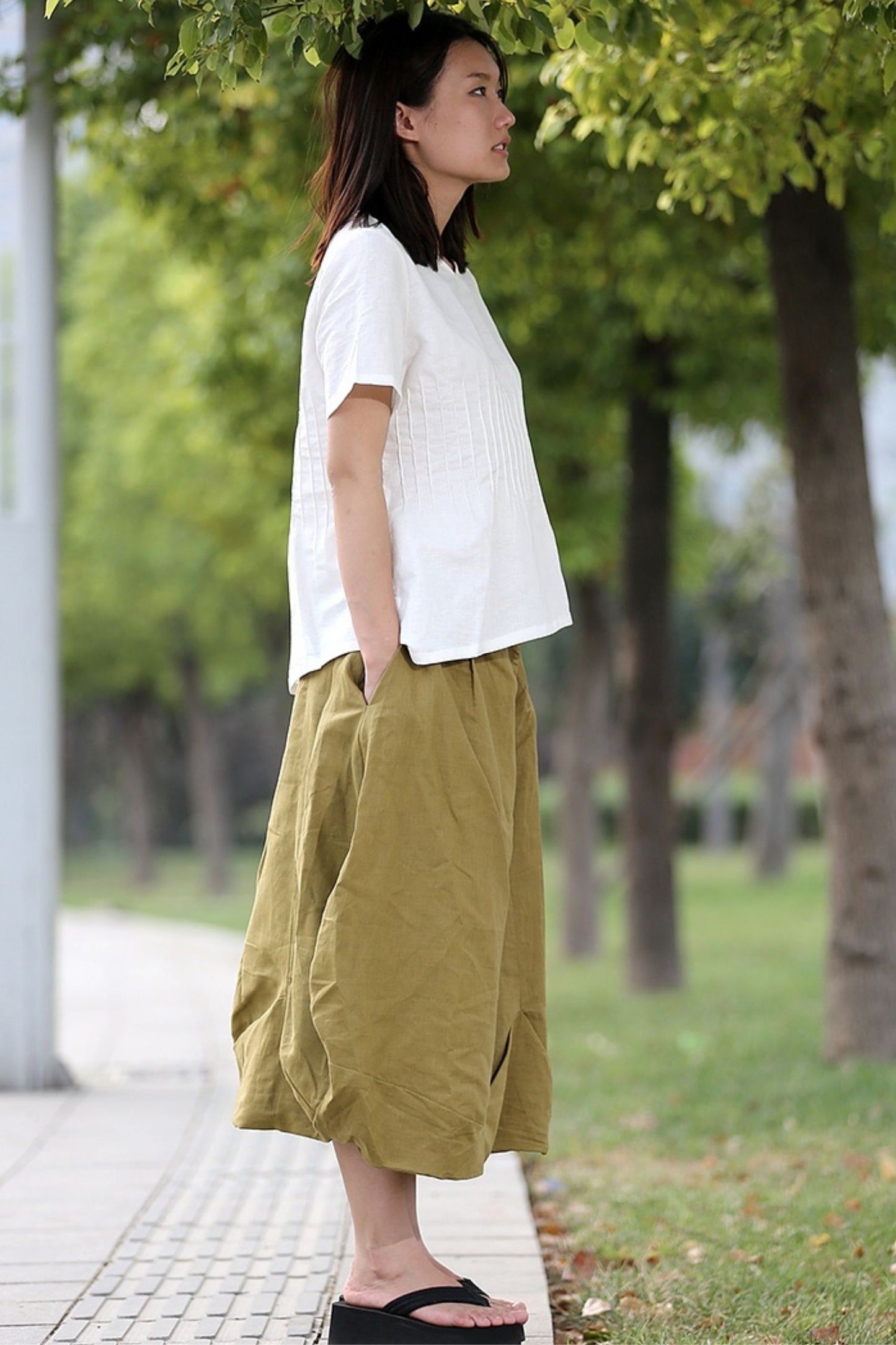 Linen Maxi Skirt - Flower Bud Shape Romantic Feminine Trending Womens Skirt C287