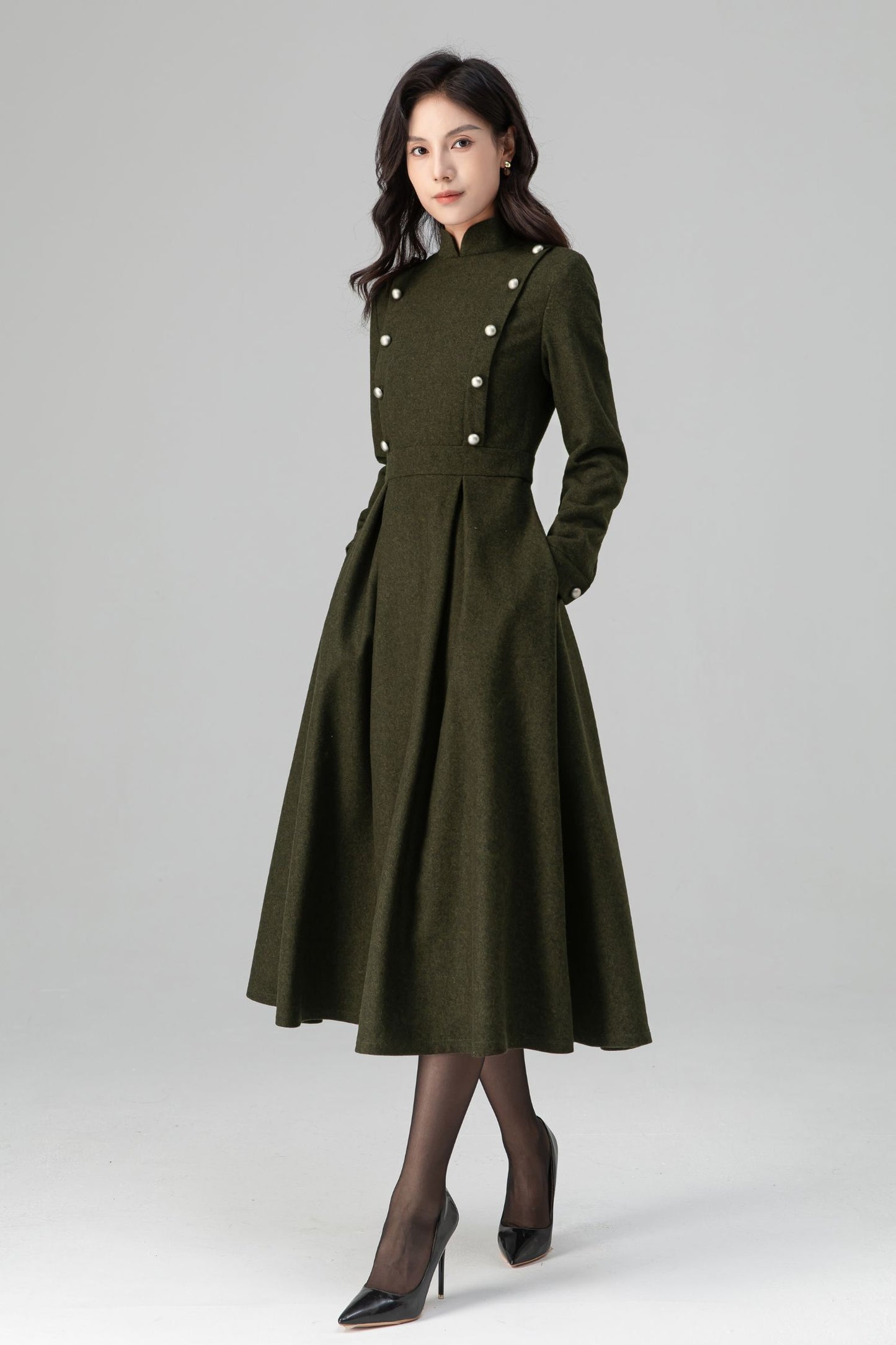 Military-Inspired Long Sleeve Wool Dress C5195