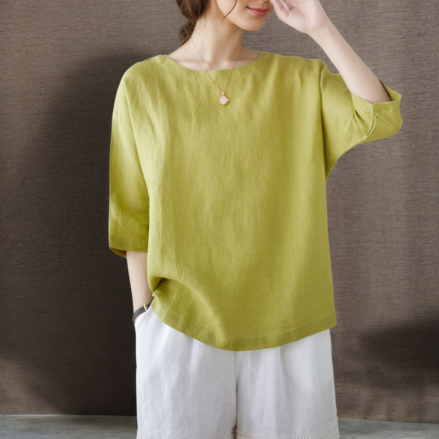 Green Half Sleeve Linen Tops C4855