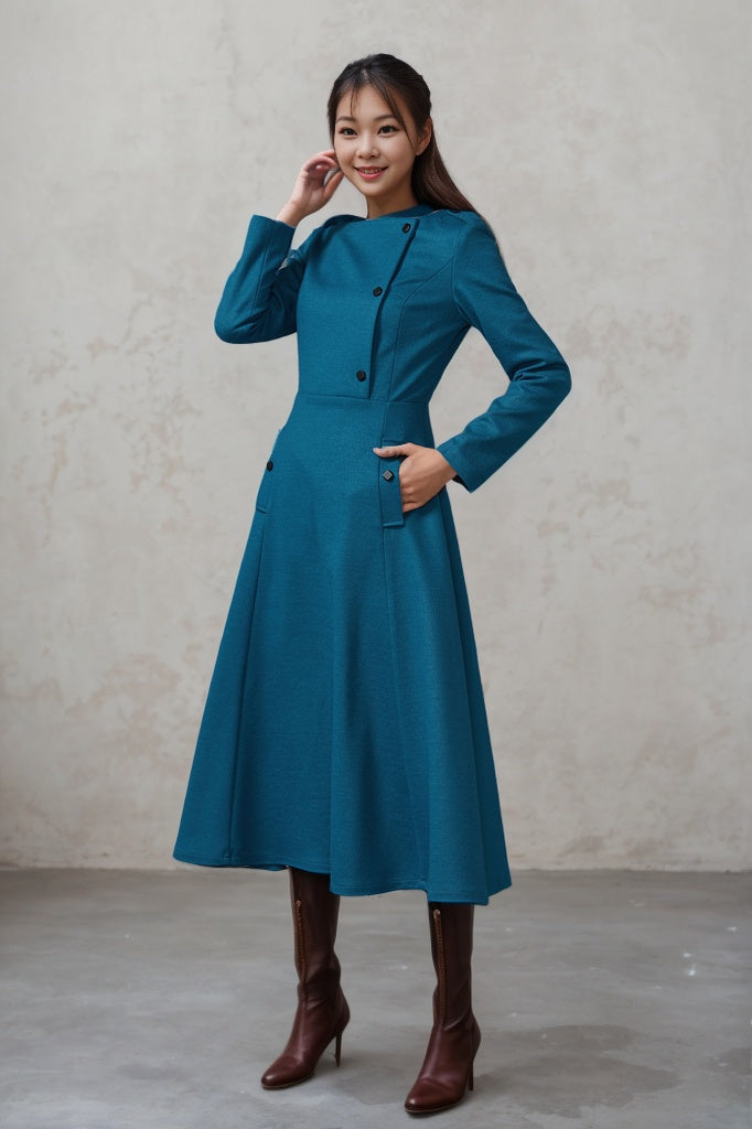 Blue wool dress with pockets warm handmade dress C1612
