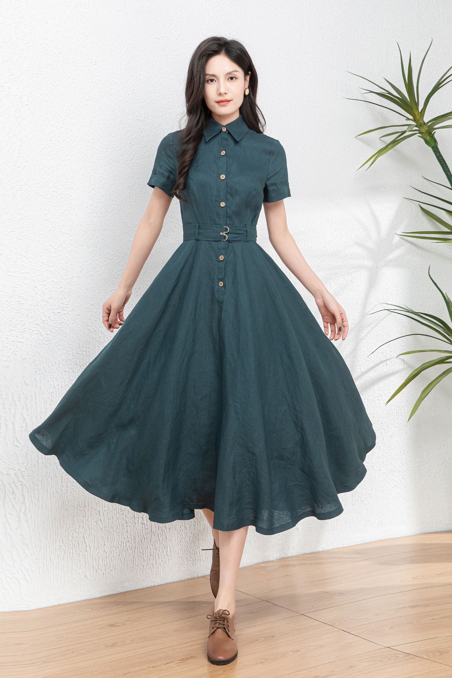 Button Front linen Midi shirt dress C4767 YLISTYLE Button Front linen Midi shirt dress C4767 YLISTYLE