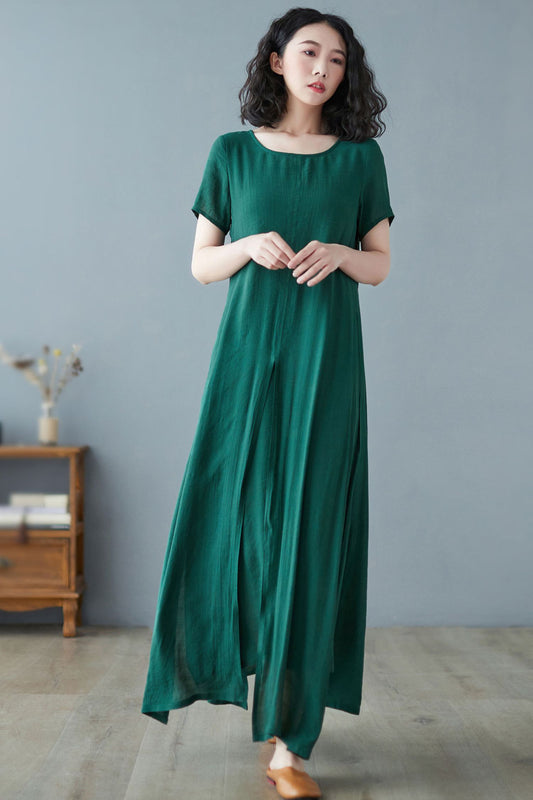 Green Cotton Linen Maxi Dress - Asymmetrical Hem, Oversized Fit C2729
