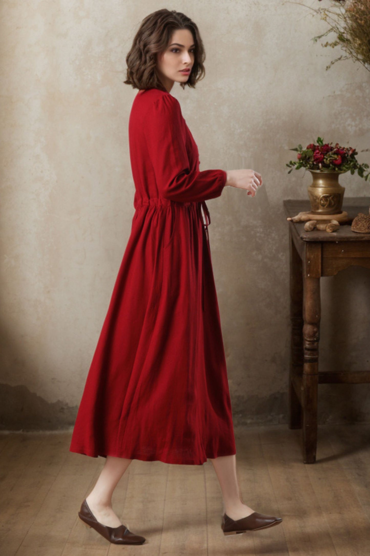 red linen dress with drawstring waist c4775