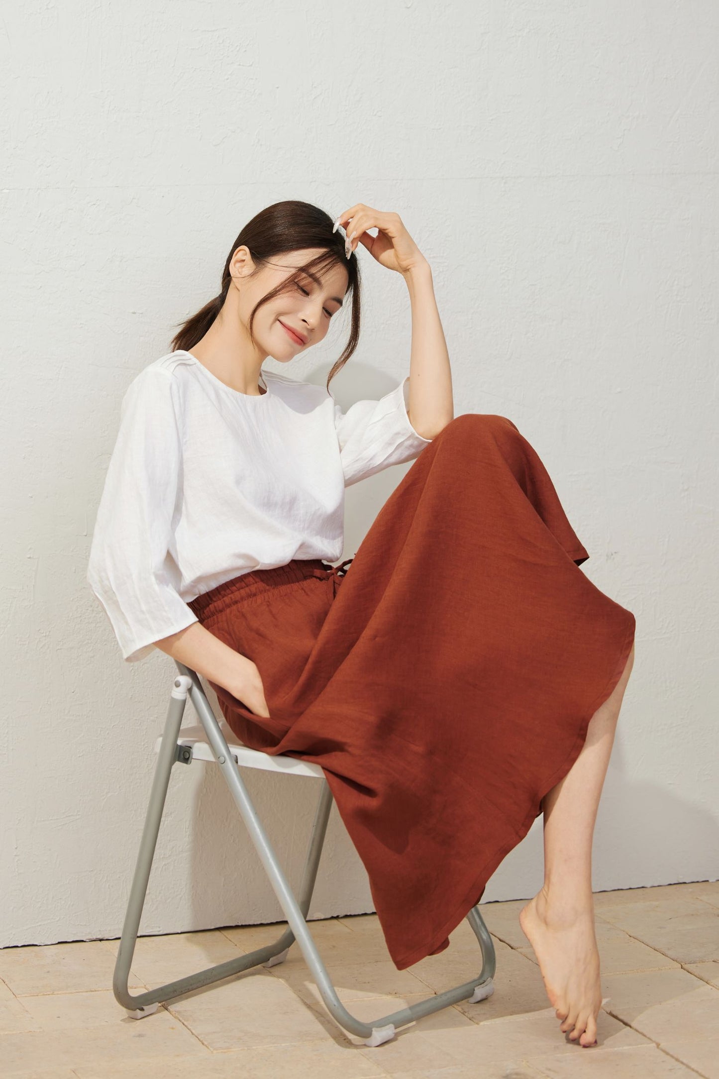 Elegant Orange Elastic Waist Skirt C3932