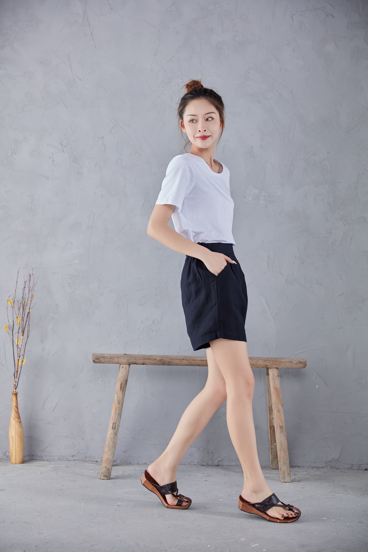 Black High Waist Summer Linen Shorts C2178