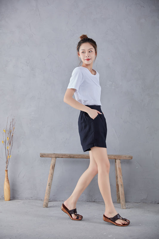 Black Linen High Waist Shorts - Relaxed Fit Mid-Thigh Length c2178