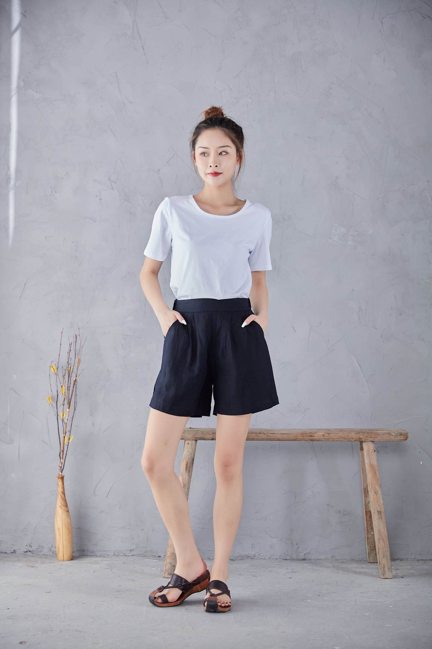 Black High Waist Summer Linen Shorts C2178