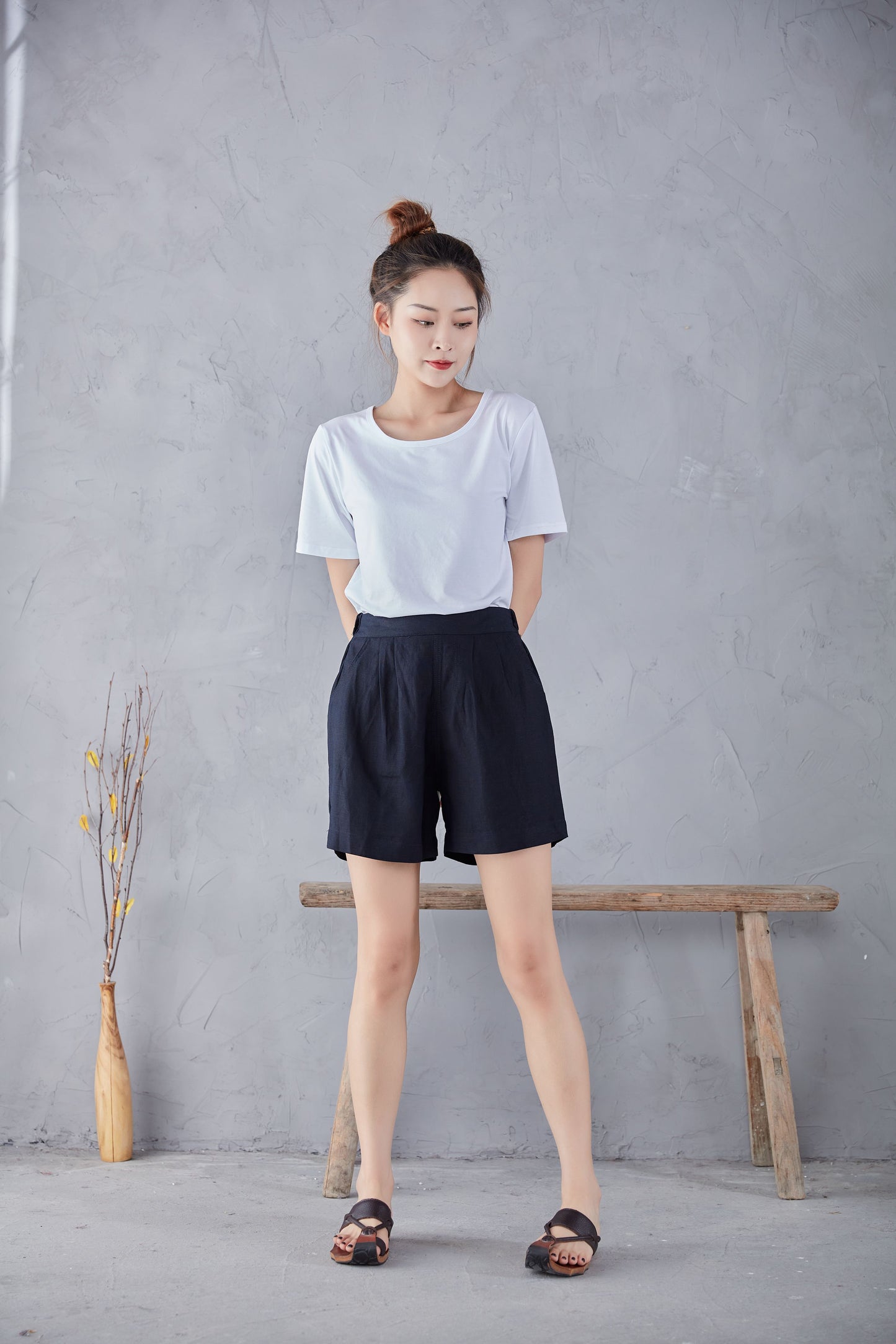 Black High Waist Summer Linen Shorts C2178