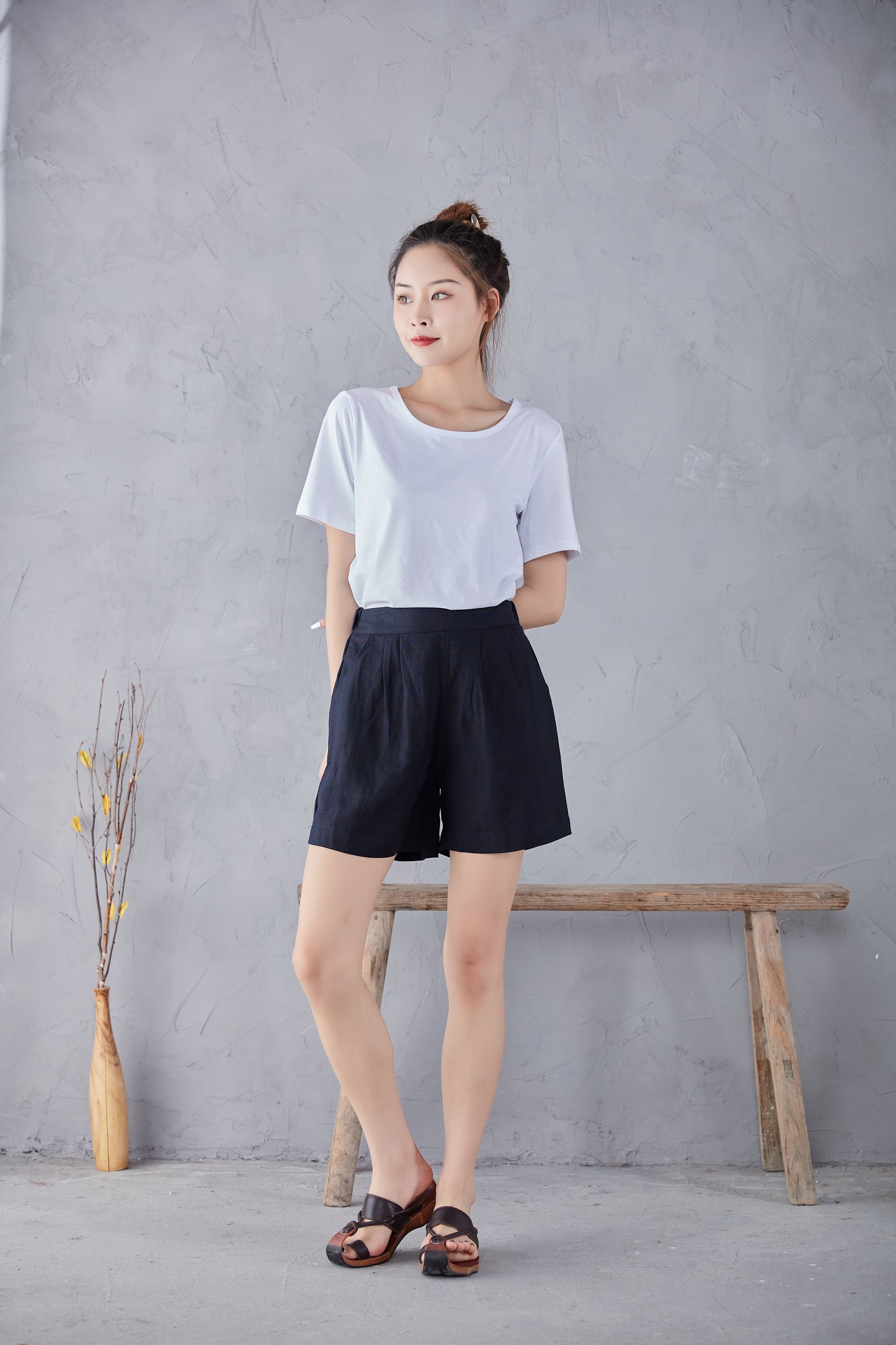 Black High Waist Summer Linen Shorts C2178