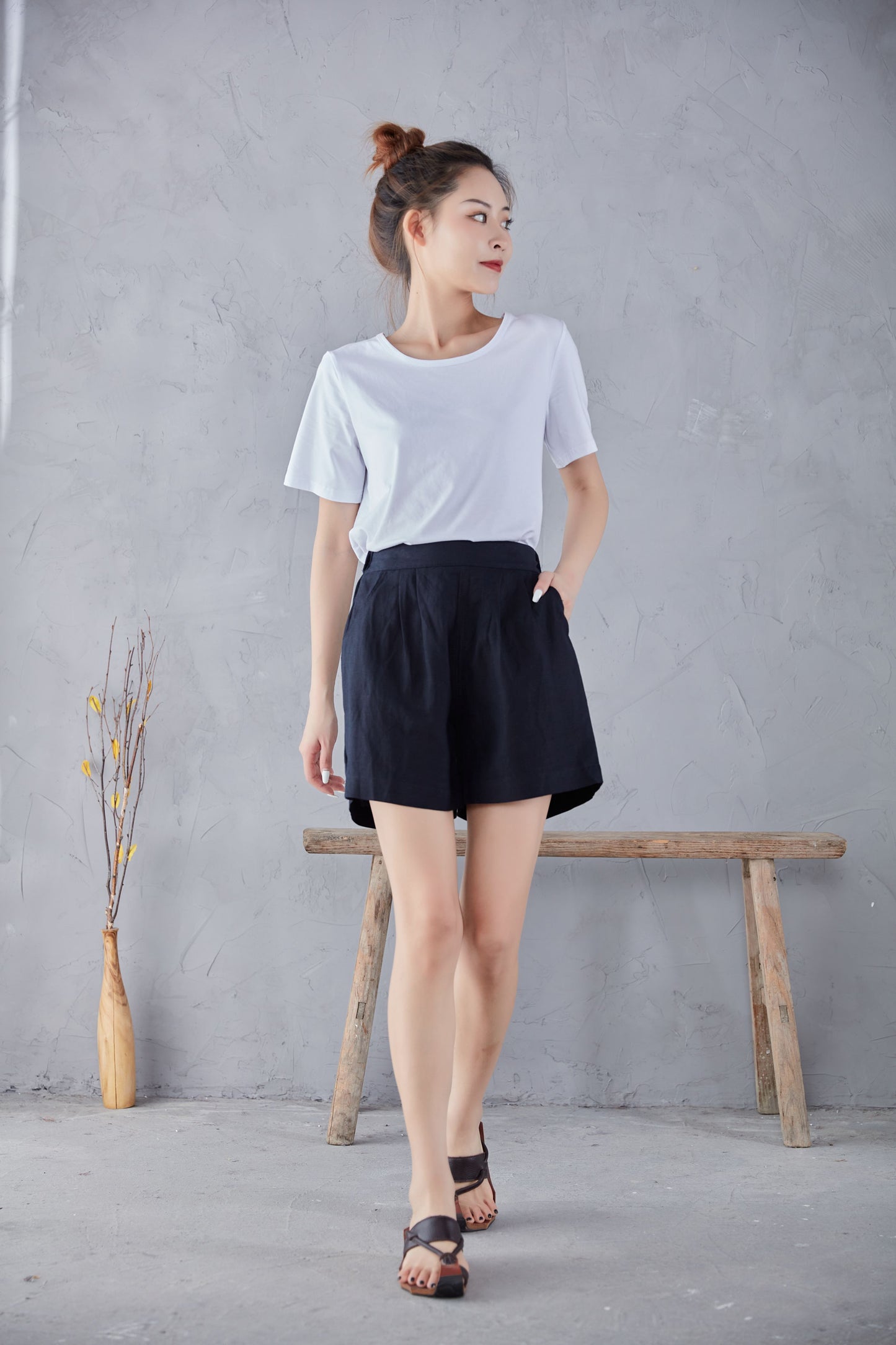 Black High Waist Summer Linen Shorts C2178