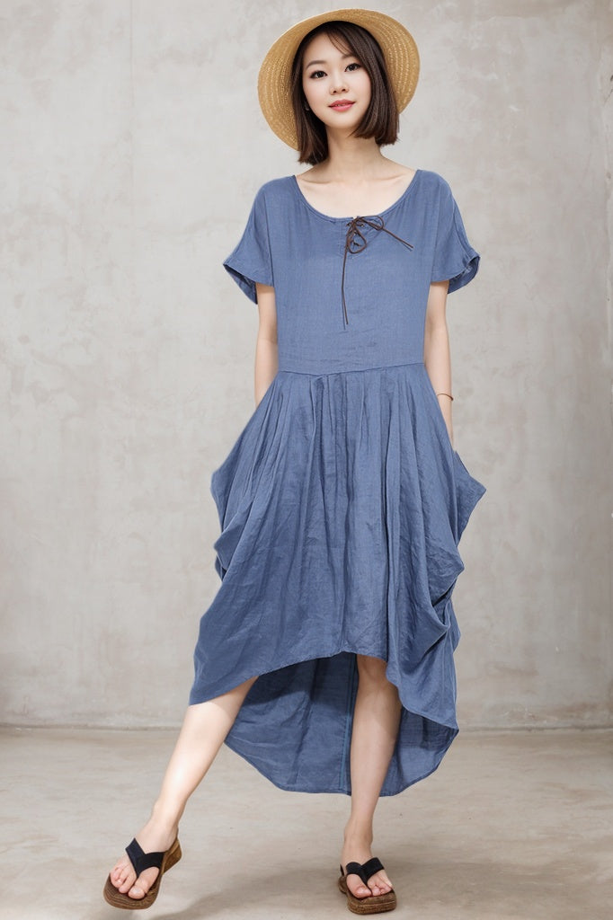 Irregular blue summer linen dress C4680
