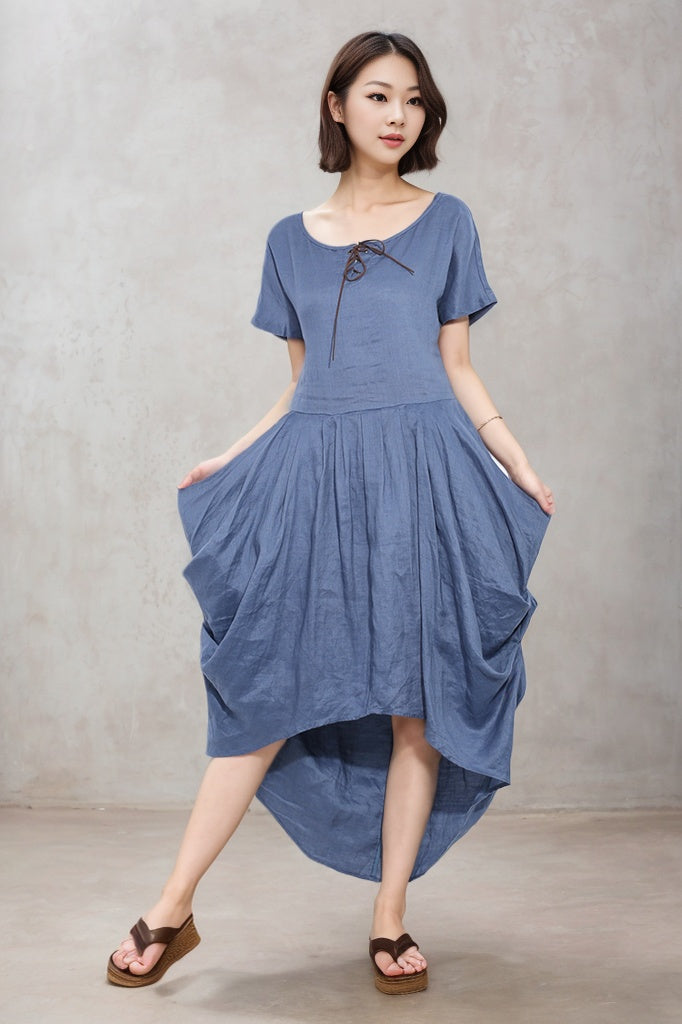Irregular blue summer linen dress C4680