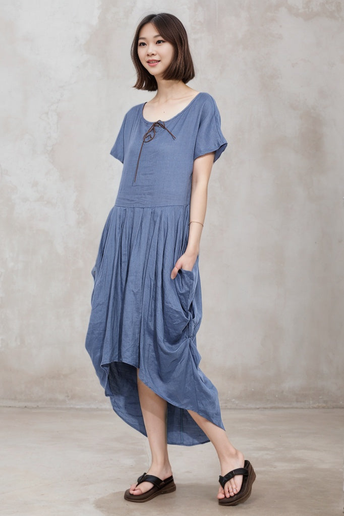 Irregular blue summer linen dress C4680