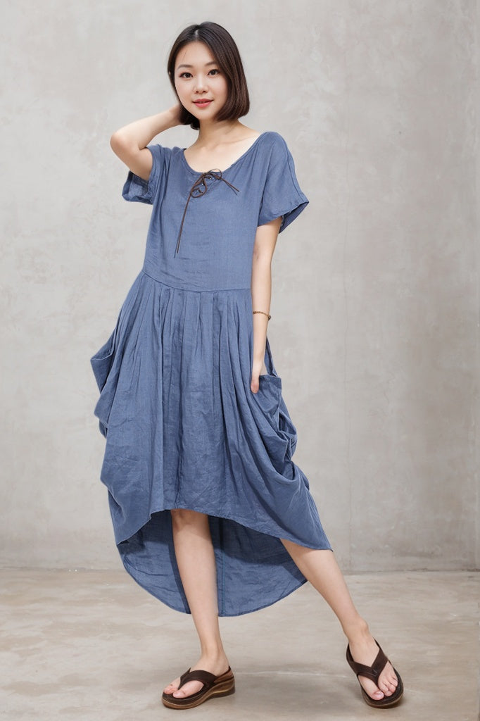 Irregular blue summer linen dress C4680