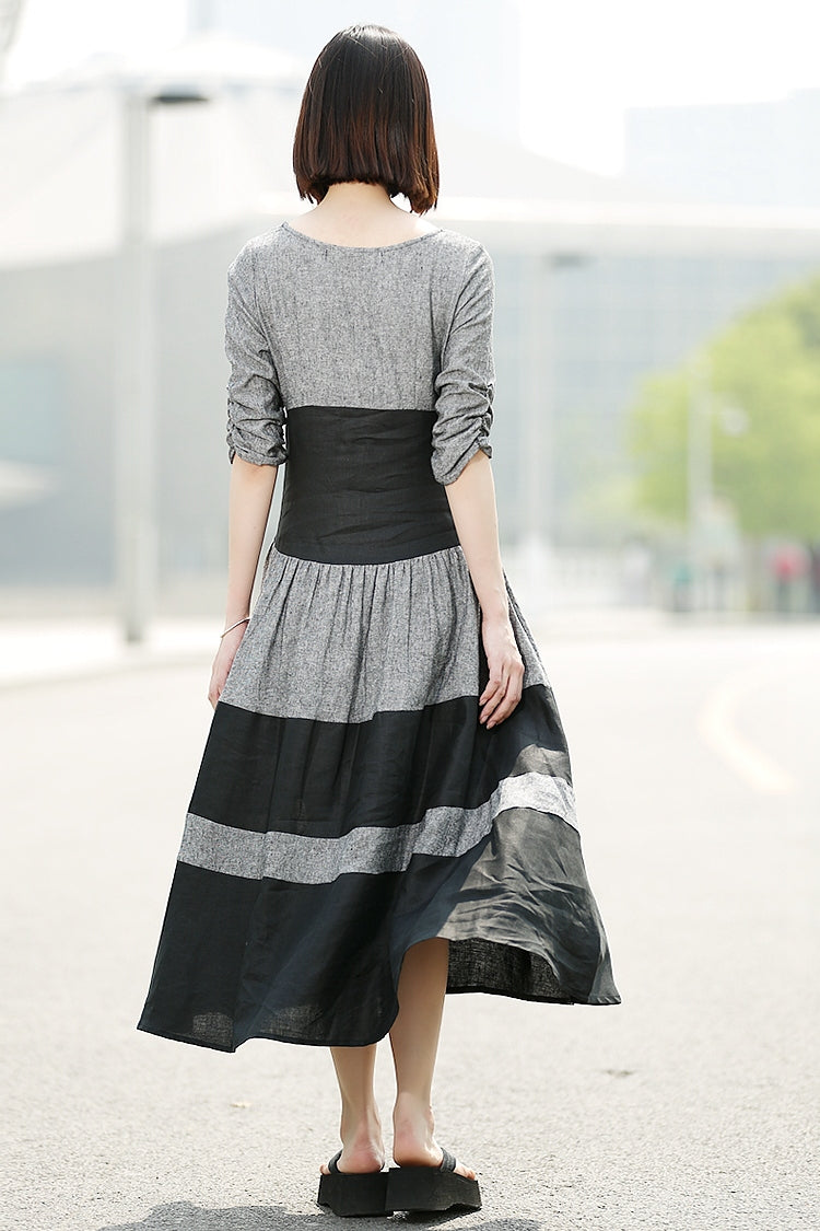Black grey stripey Loose Fit Linen Dress c4683