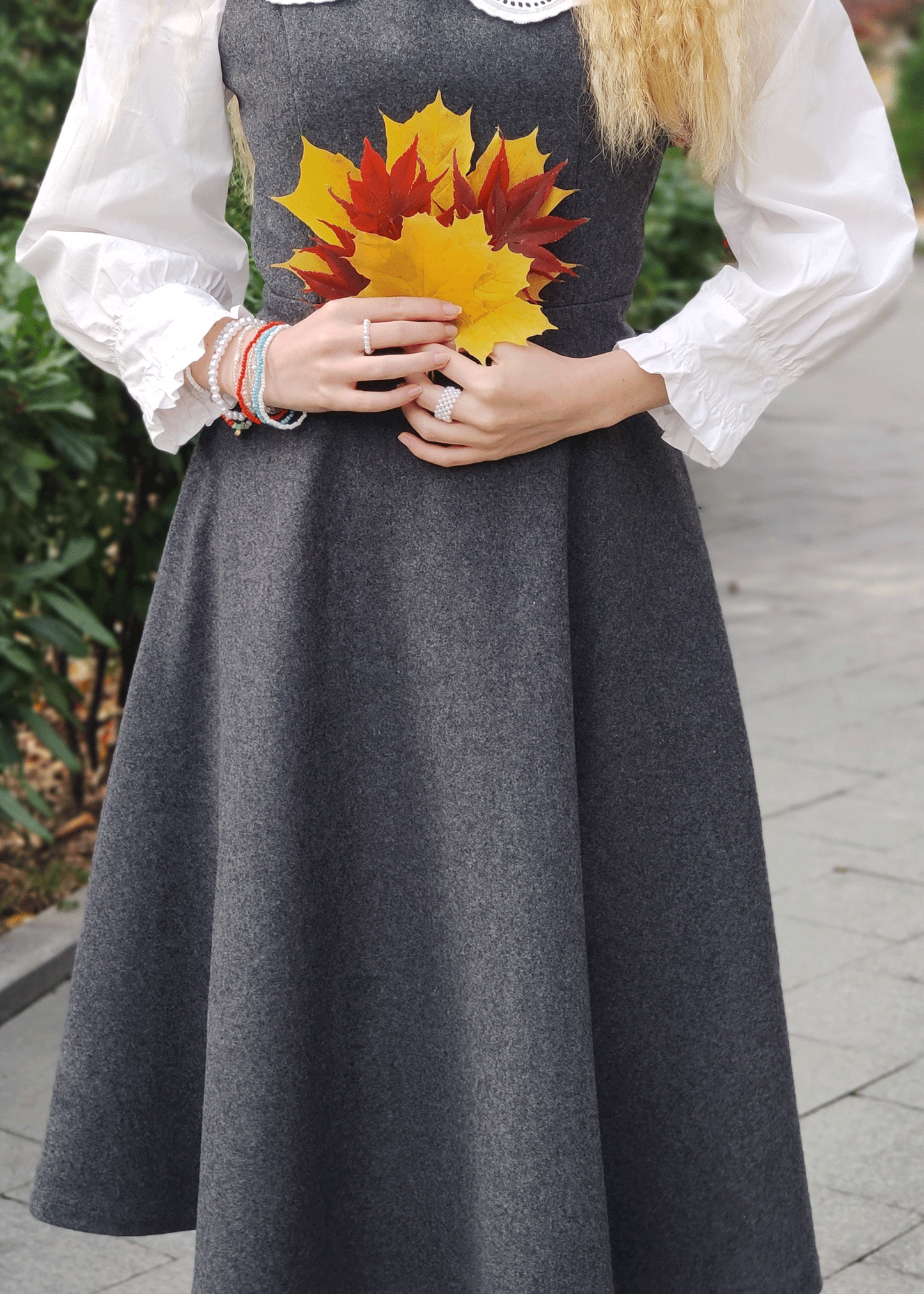 Gray Wool Midi Pinafore Dress - Sleeveless, Flared Silhouette C3786