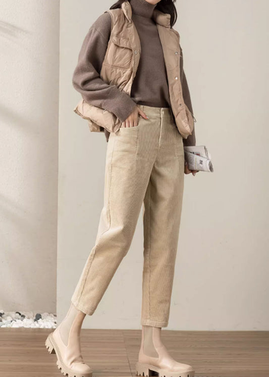 Beige Corduroy Pants - Oversized Fit, Above Ankle Length c3510