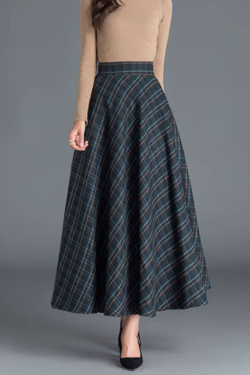 winter plaid long wool skirt with pockets C3763