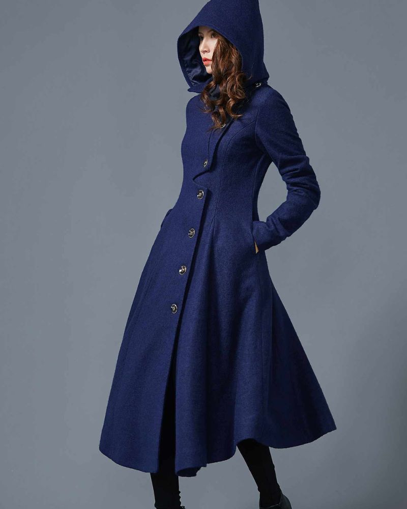 Handmade Hooded Maxi Asymmetrical Wool Coat Women C4402